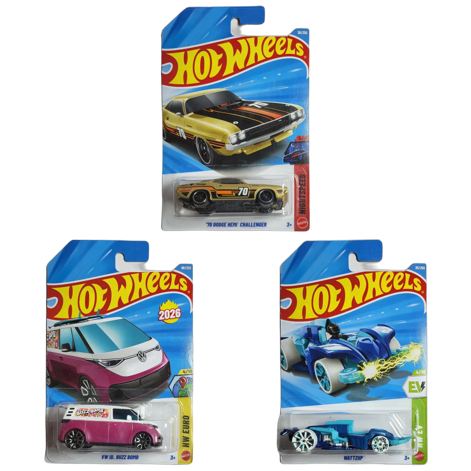Hot Wheels 70 Dodge Hemi Challenger & VW ID Buzz Bomb & Wattzup - 1:64 Scale Diecast Car