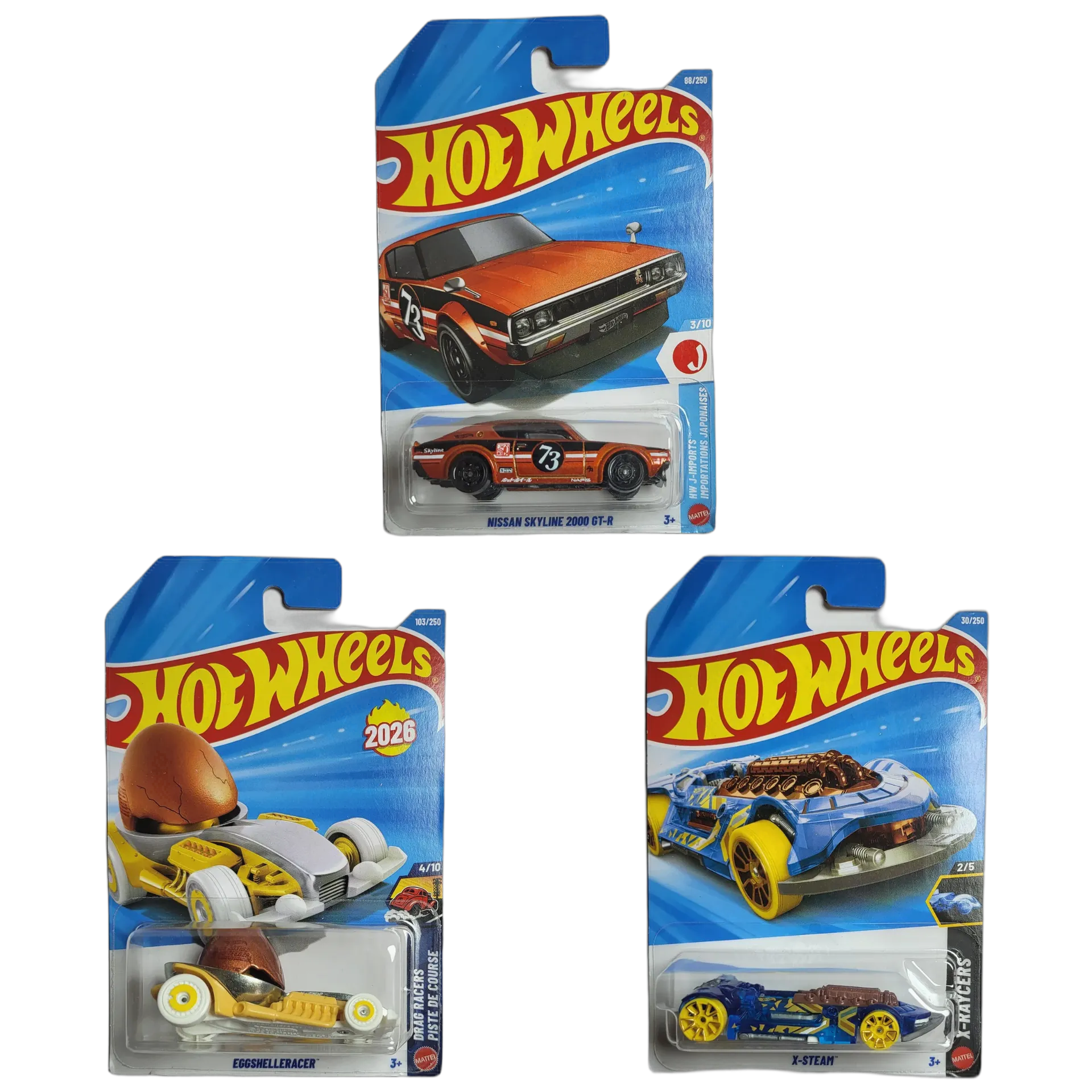 Nissan Skyline 2000 GT-R & Eggshelleracer & X-Steam - Hot Wheels 1:64 Scale Diecast Car Combo