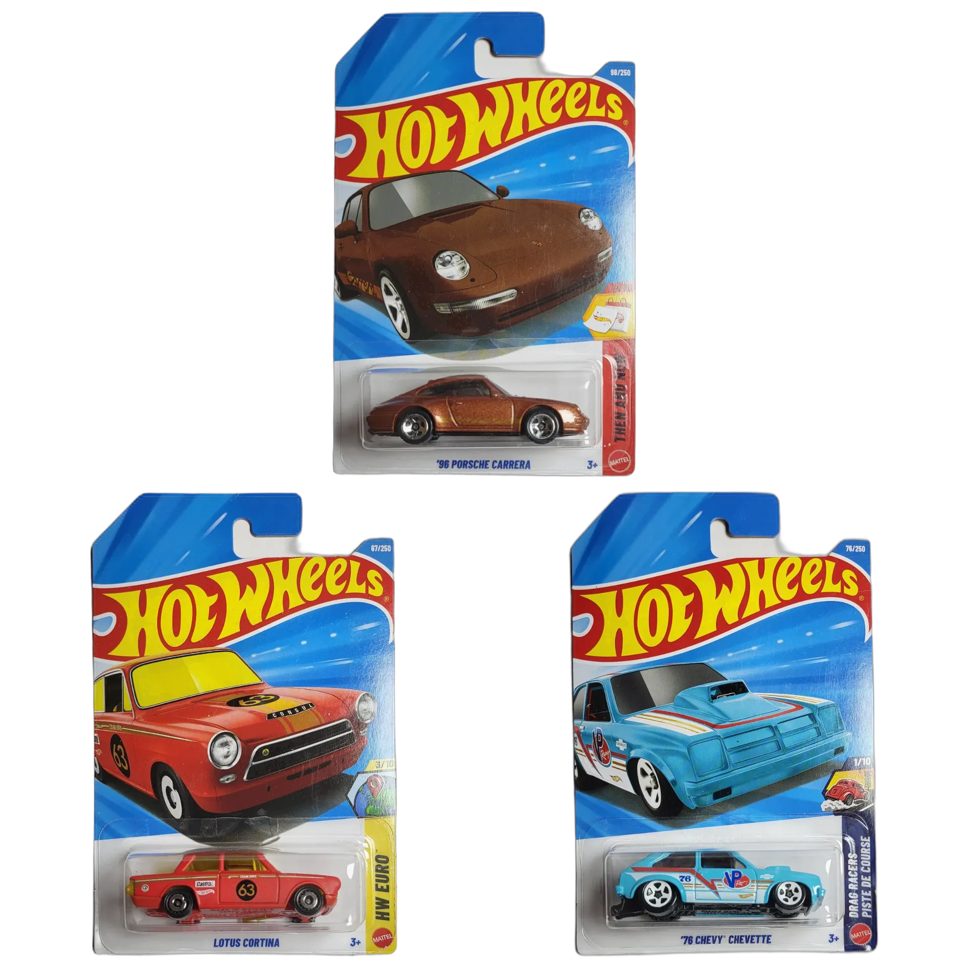 Hot Wheels 96 Porsche Carrera & Lotus Cortina & 76 Chevy Chevette - 1:64 Scale Diecast Car