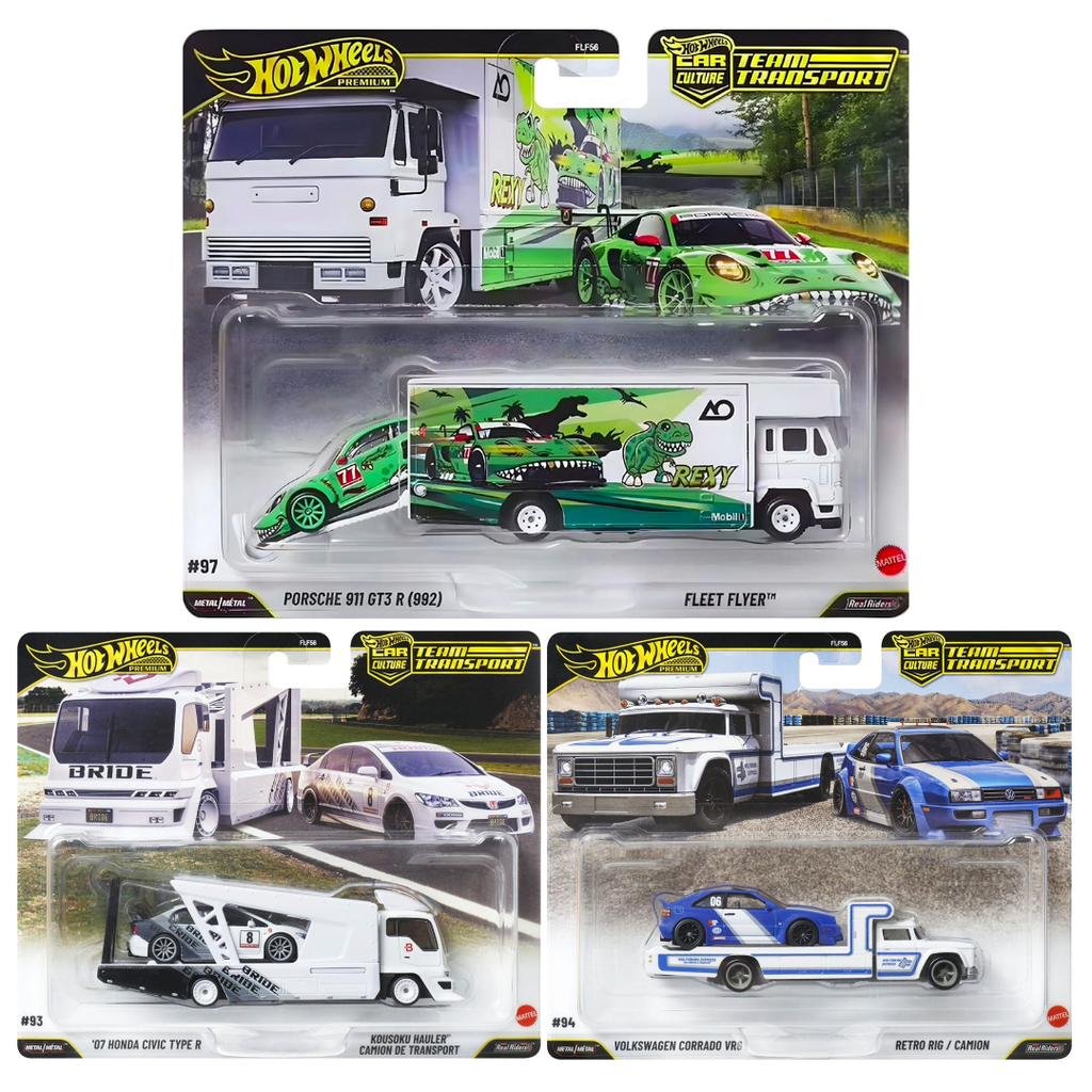 [PRE-ORDER] Hot Wheels Premium Team Transport Rexy Porsche 911 GT3 R & Fleet Flyer + Honda Civic Type R & Volkswagen Corrado VR6 Combo