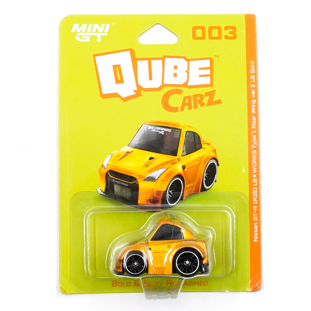 Mini GT Qube Carz Nissan GT-R R35 LB WORKS Type 1, Rear Wing Ver 2 LB Gold (003)