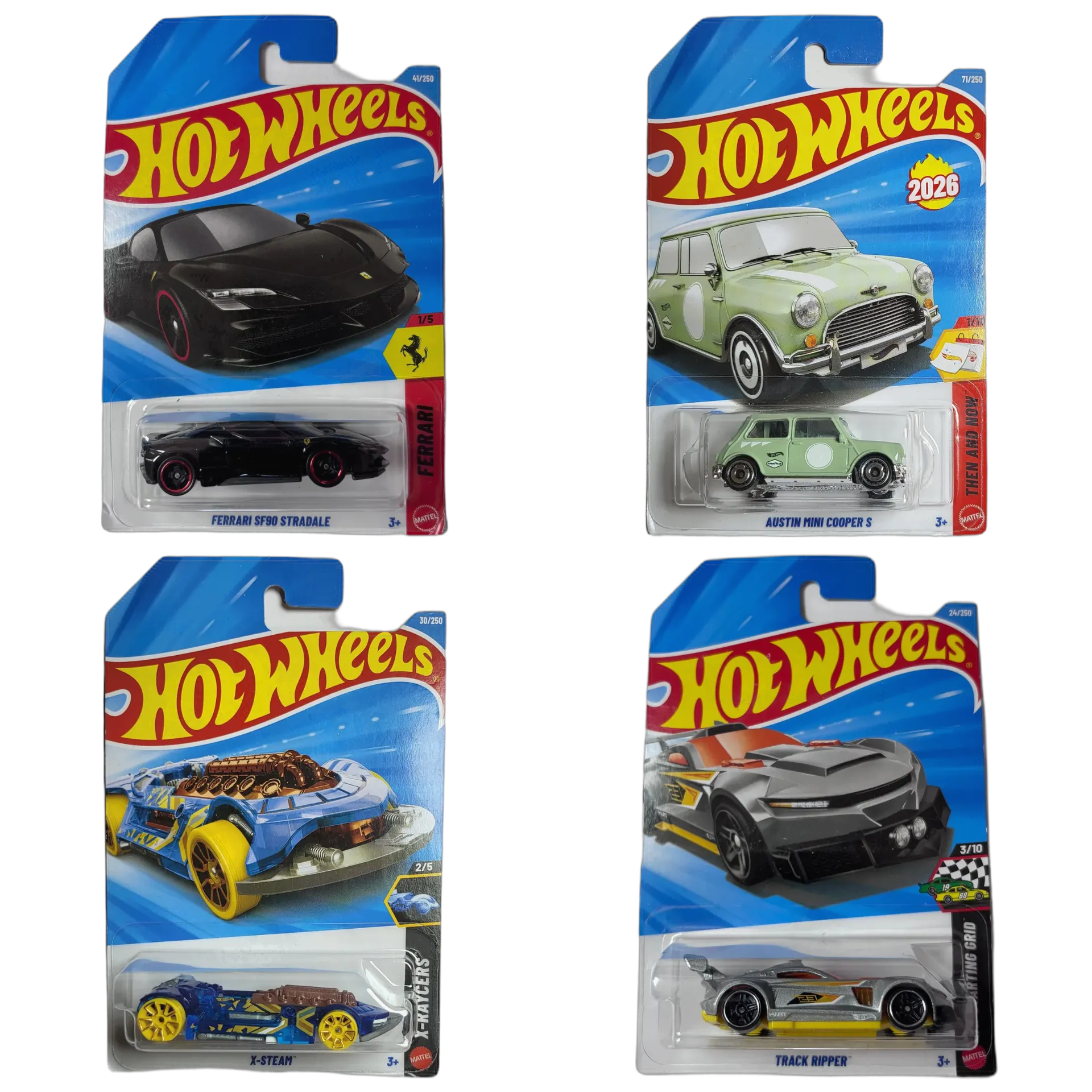 Ferrari SF90 Stradale Black & Austin Mini Cooper S & X-Steam & Track Ripper - Hot Wheels 1:64 Scale Diecast Car Combo