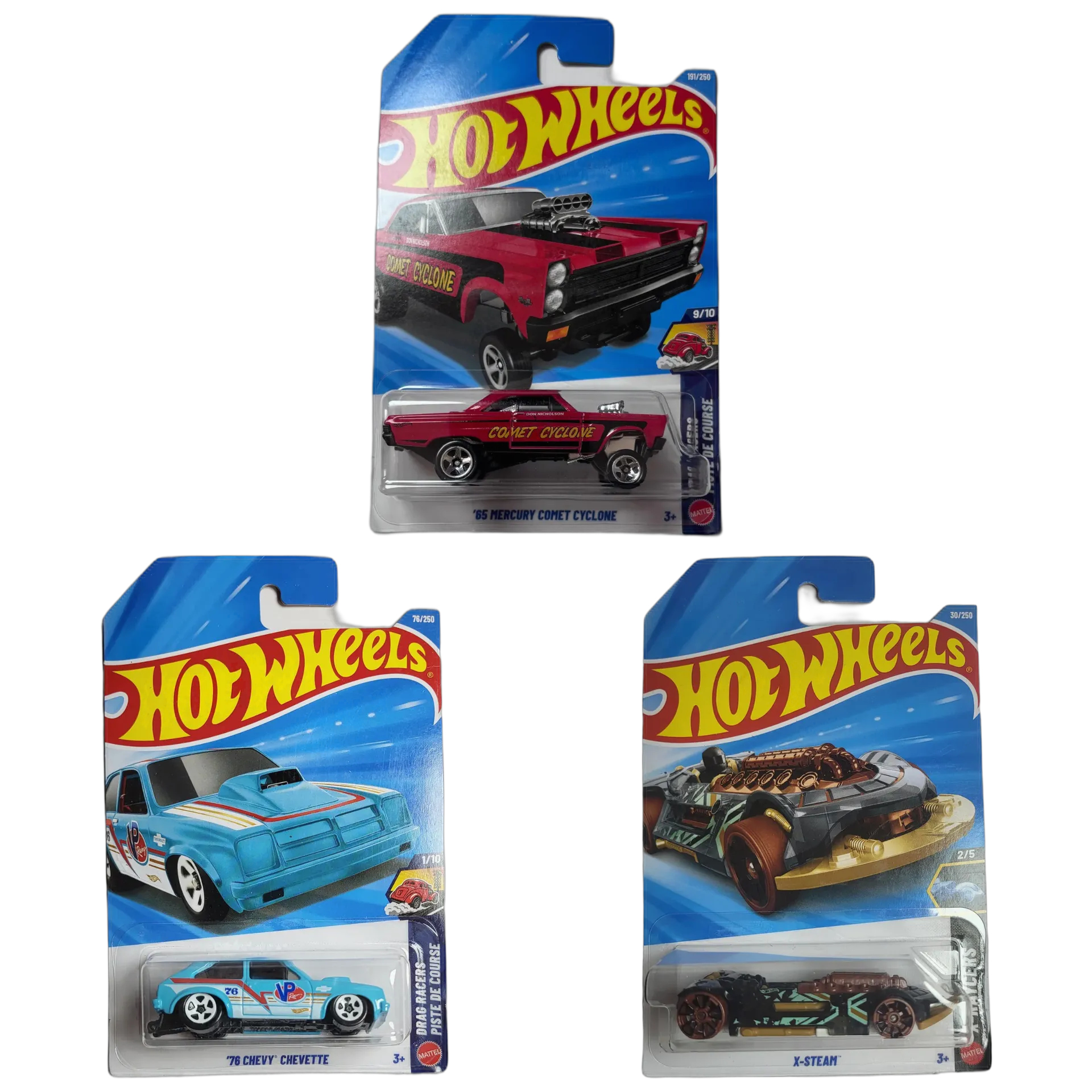 65 Mercury Comet Cyclone & 76 Chevy Chevette & X-Steam Black - Hot Wheels 1:64 Scale Diecast Car Combo