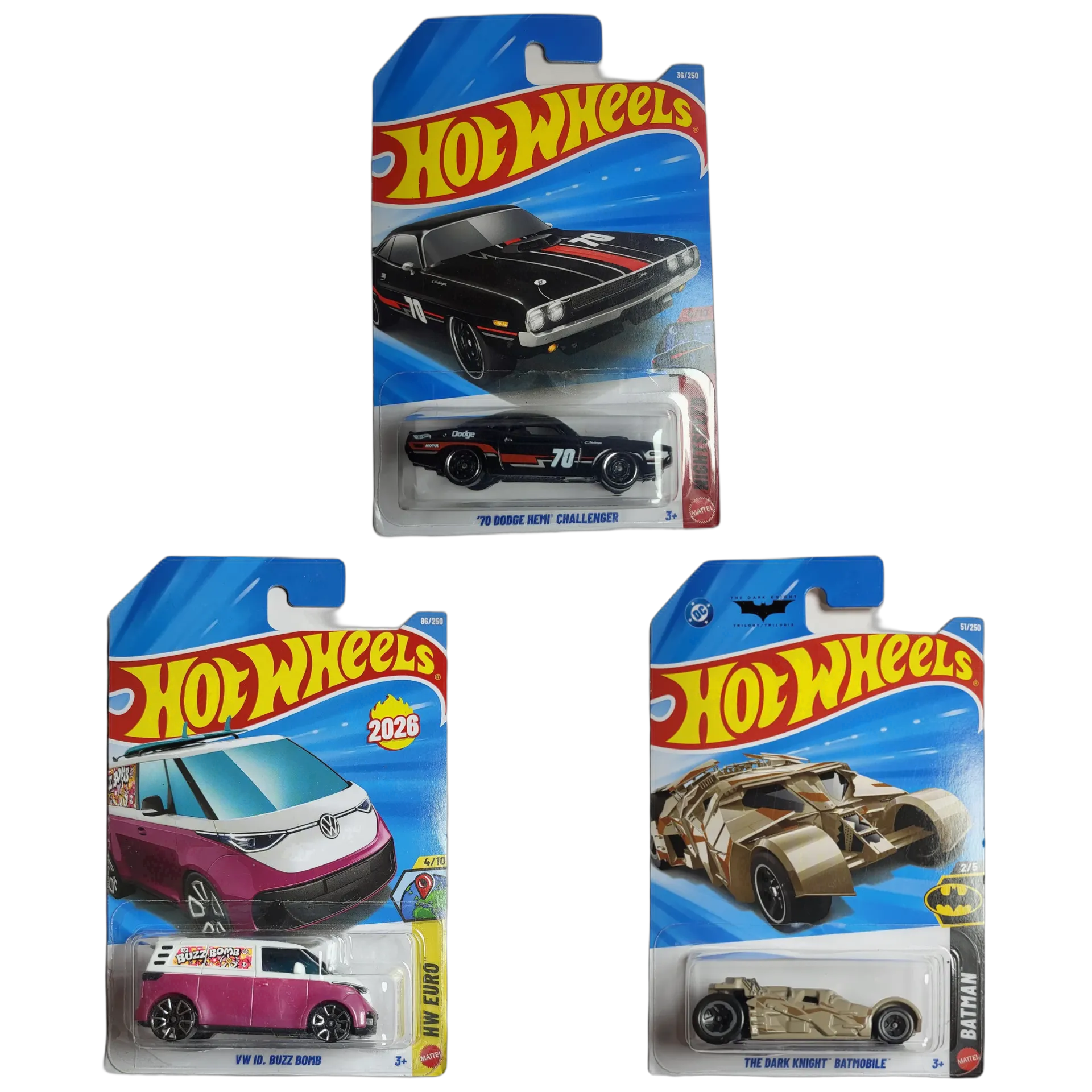 70 Dodge Hemi Challenger Black & VW ID Buzz Bomb & The Dark Knight Batmobile - Hot Wheels 1:64 Scale Diecast Car Combo