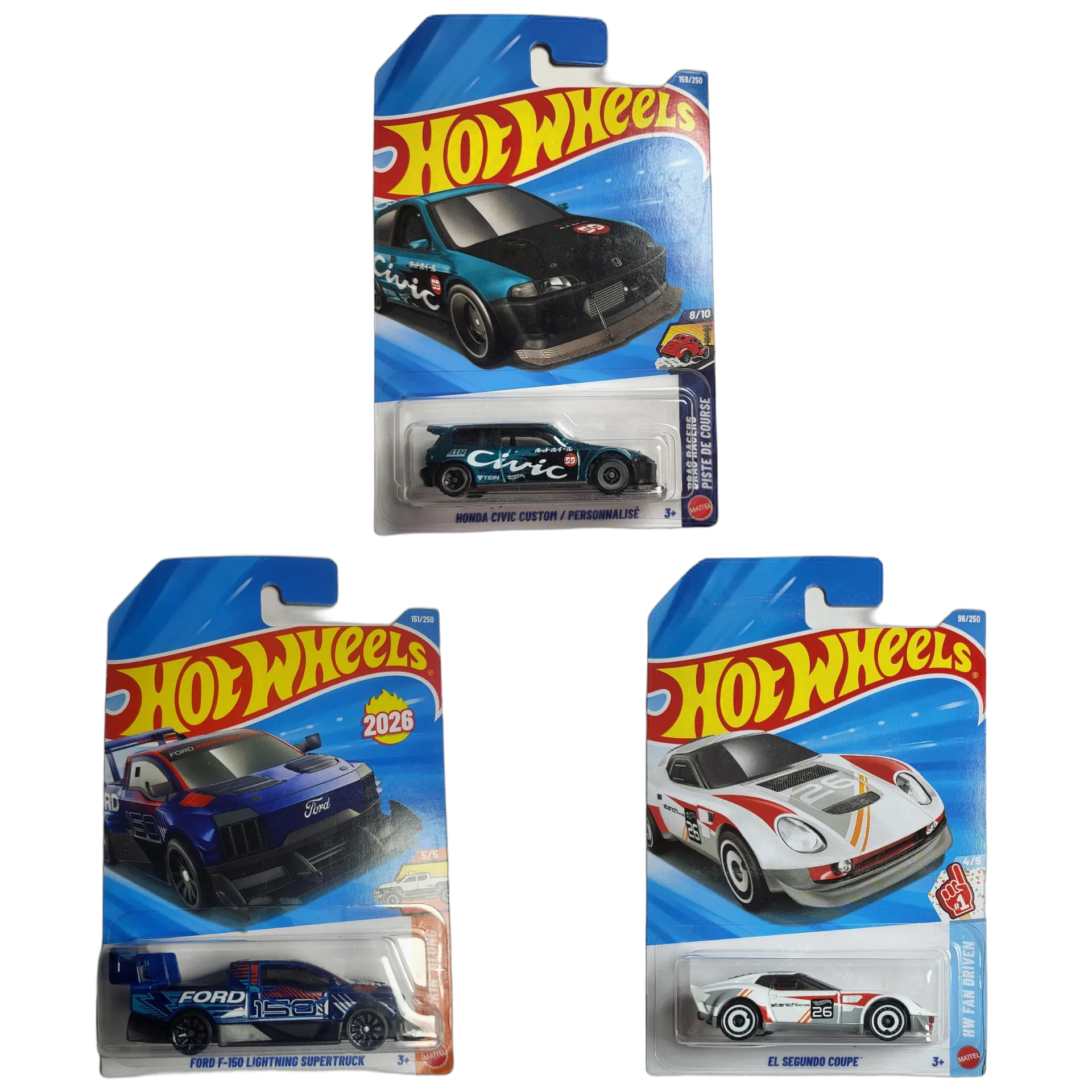 Honda Civic Custom & Ford F-150 Lightning Supertruck & El Segundo Coupe - Hot Wheels 1:64 Scale Diecast Car Combo