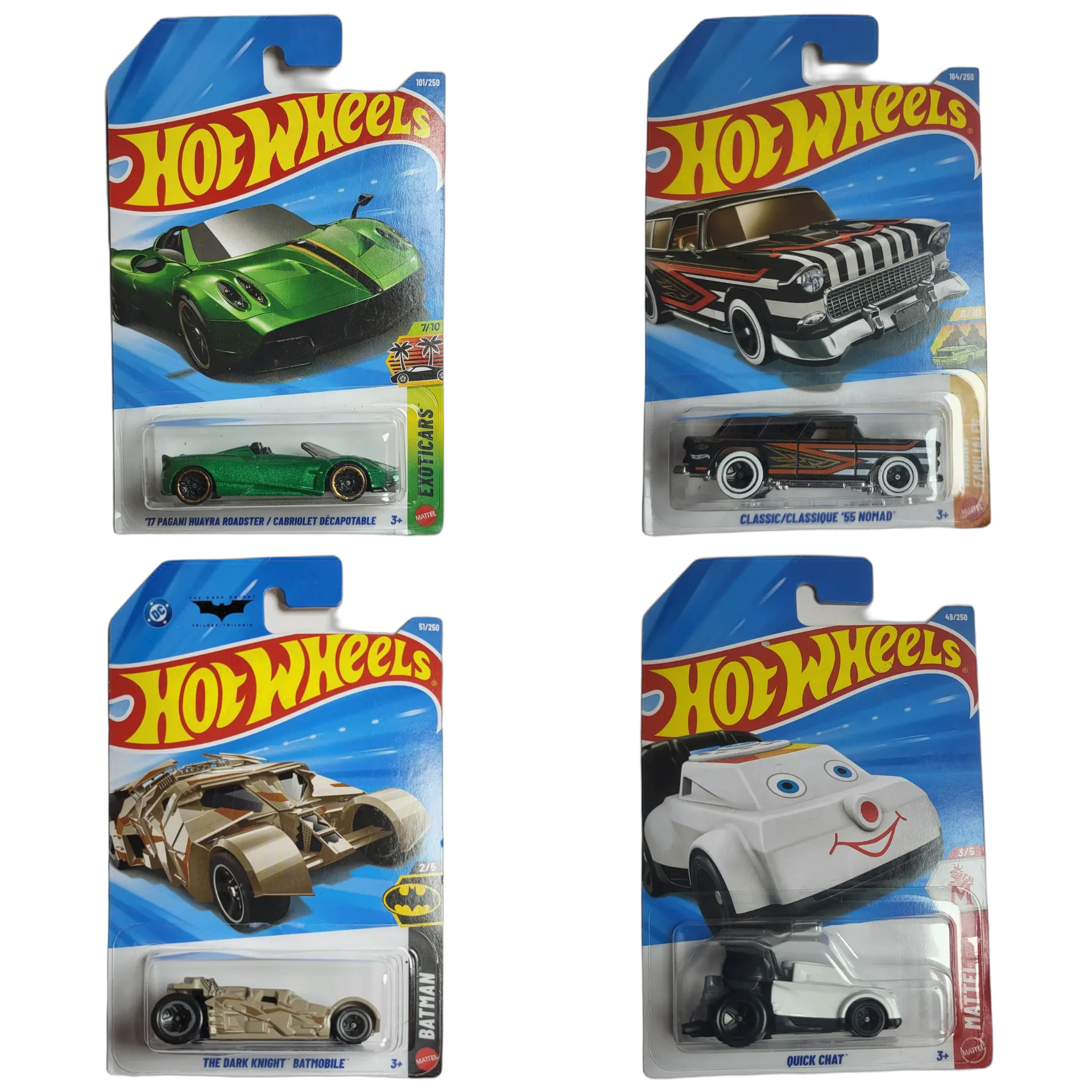 17 Pagani Huayra Roadster & Classic 55 Nomad & The Dark Knight Batmobile & Quick Chat Black - Hot Wheels 1:64 Scale Diecast Car Combo