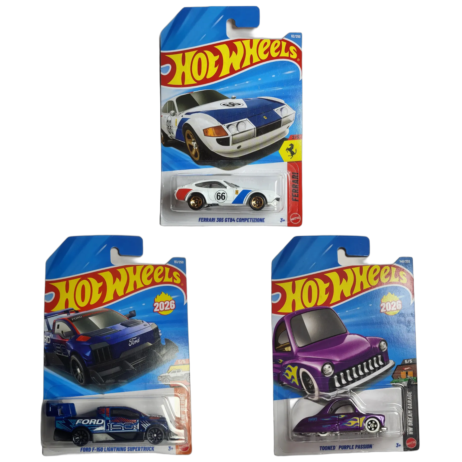 Ferrari 365 GTB4 Competizione & Ford F-150 Lightning Supertruck & Tooned Purple Passion - Hot Wheels 1:64 Scale Diecast Car Combo