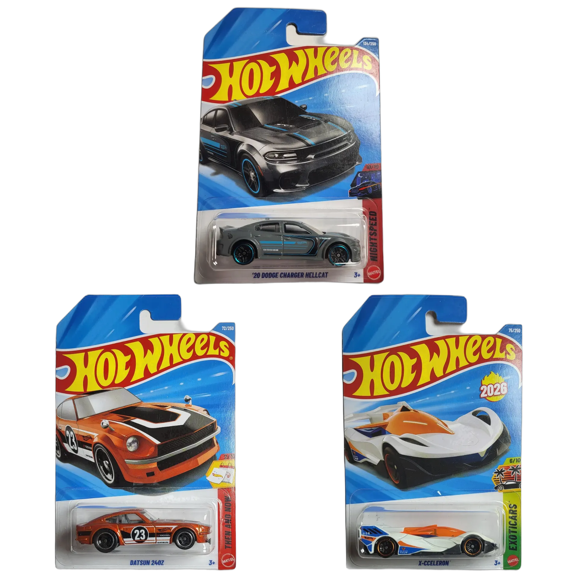 20 Dodge Charger Hellcat & Datsun 240Z & X-CCELERON - Hot Wheels 1:64 Scale Diecast Car Combo