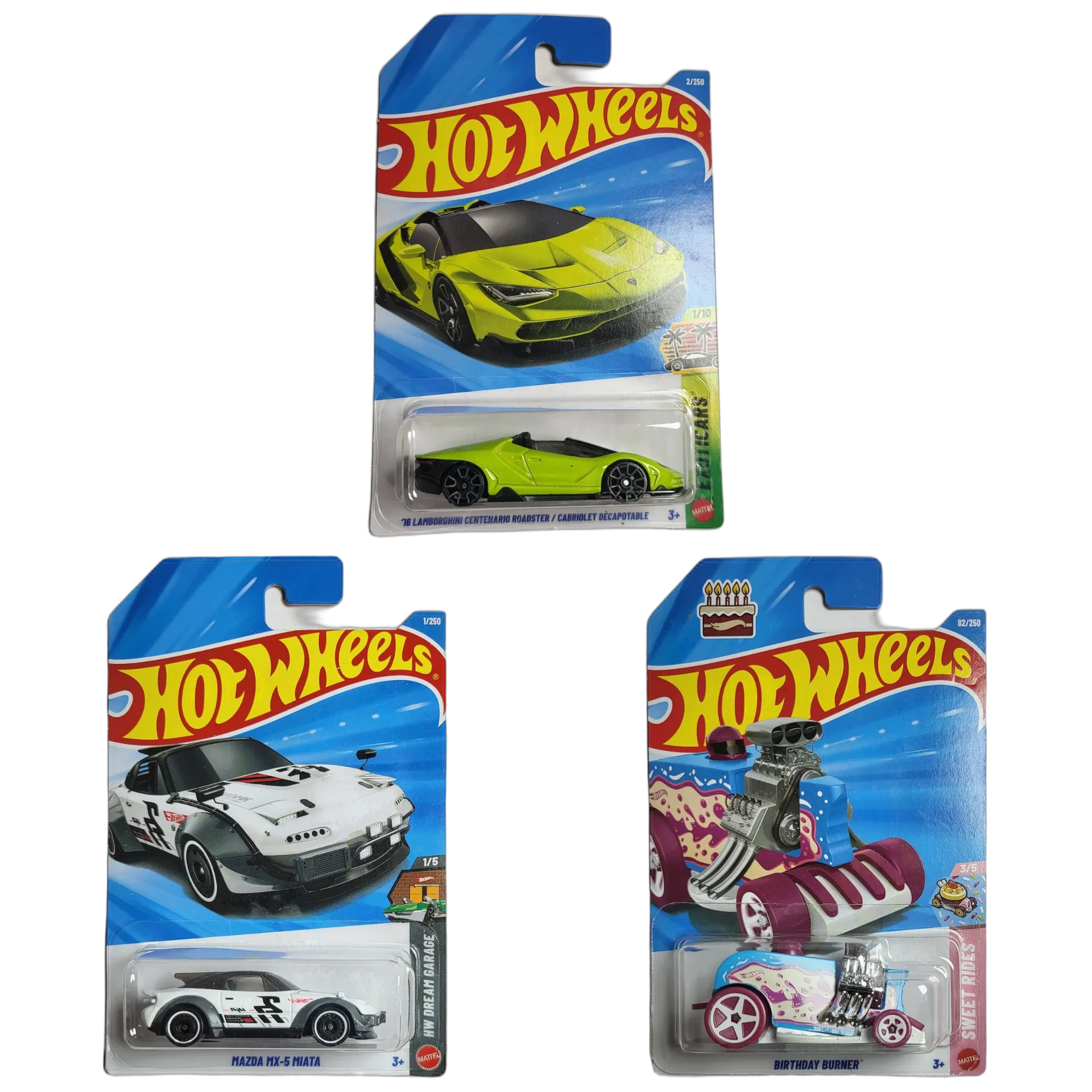 16 Lamborghini Centenario Roadster & Mazda MX-5 Miata & Birthday Burner - Hot Wheels 1:64 Scale Diecast Car Combo