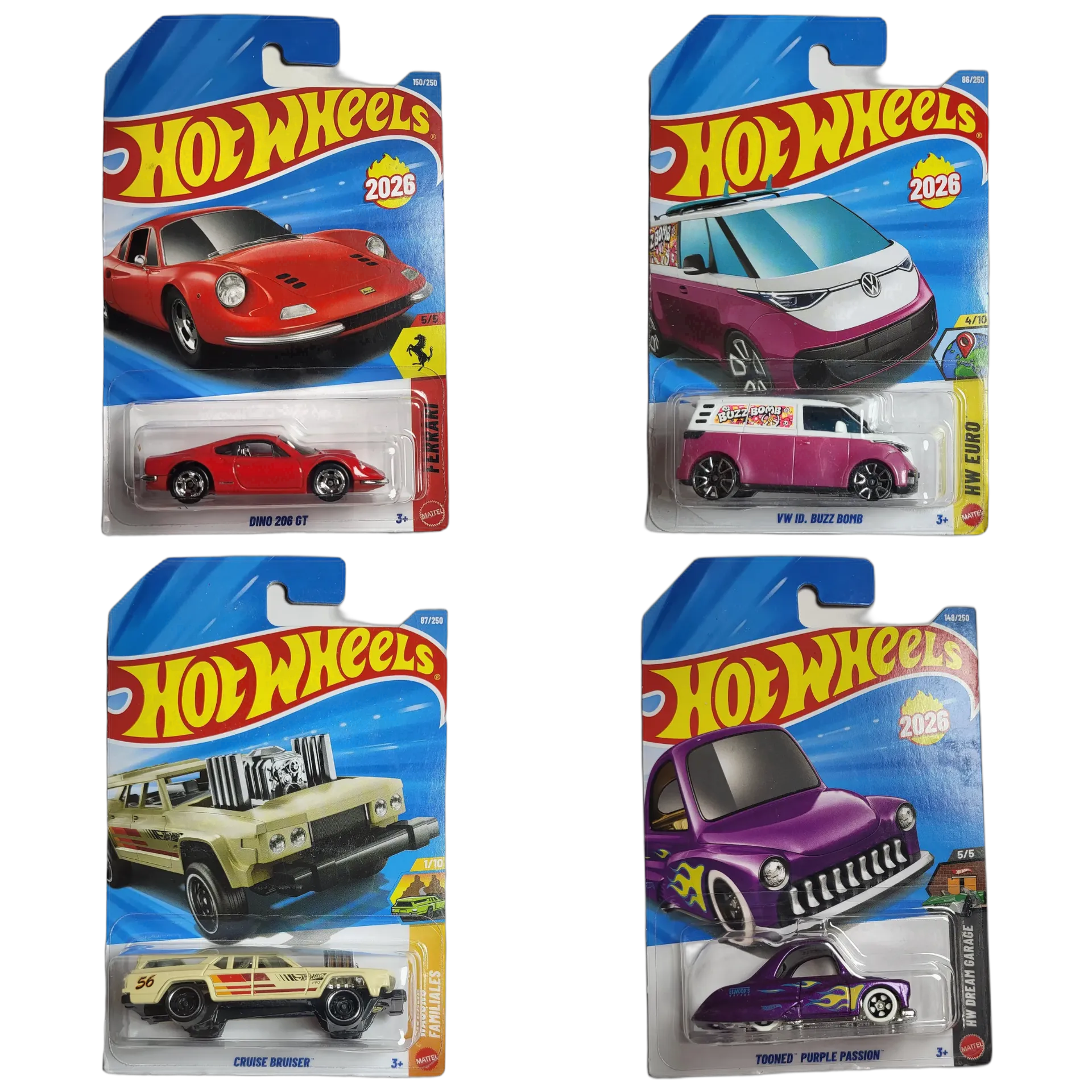 DINO 206 GT & VW ID Buzz Bomb & Cruise Bruiser & Tooned Purple Passion - Hot Wheels 1:64 Scale Diecast Car Combo