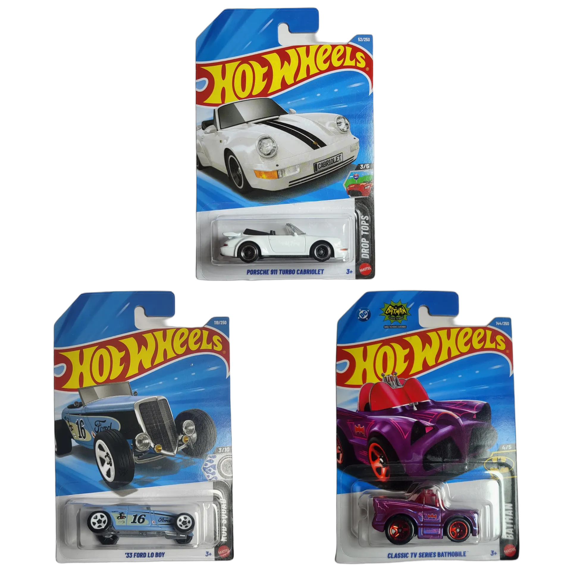 Porsche 911 Turbo Cabriolet & 33 Ford Lo Boy & Classic TV Series Batmobile - Hot Wheels 1:64 Scale Diecast Car Combo