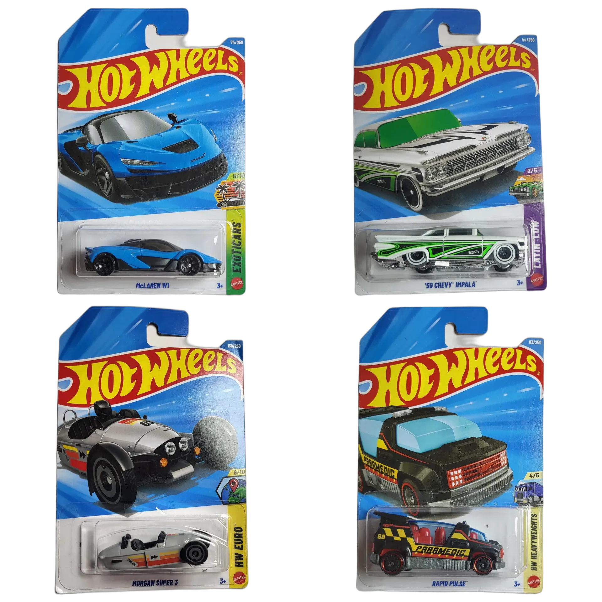 Mclaren W1 & 59 Chevy Impala & Morgan Super 3 & Rapid Pulse - Hot Wheels 1:64 Scale Diecast Car Combo