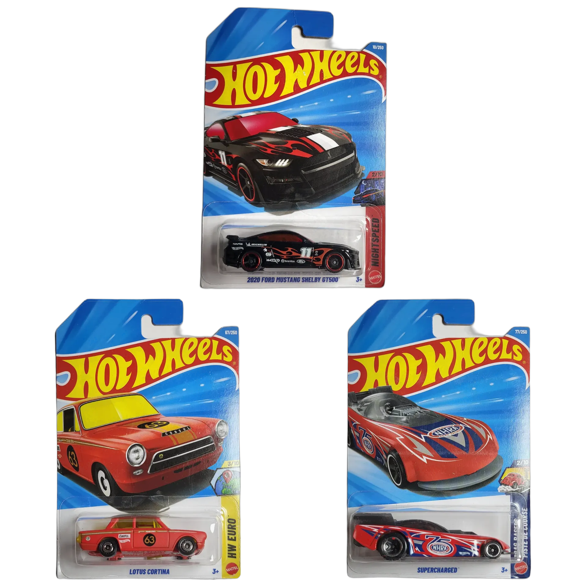 2020 Ford Mustang Shelby GT500 & Lotus Cortina & Supercharged - Hot Wheels 1:64 Scale Diecast Car Combo