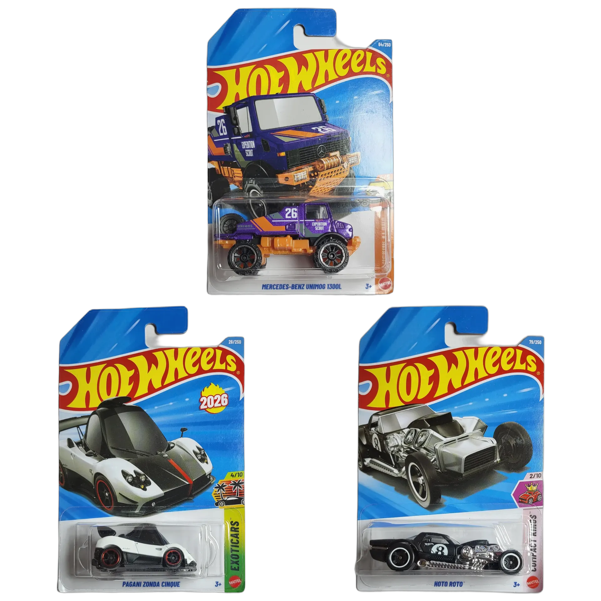 Mercedes Benz Unimog 1300L & Pagani Zonda Cinque & Hoto Roto - Hot Wheels 1:64 Scale Diecast Car Combo