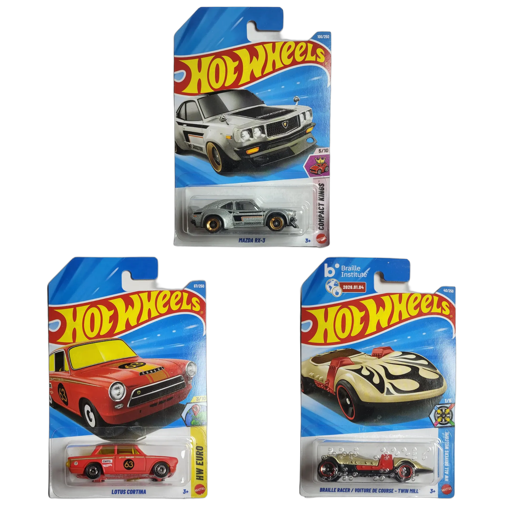 Mazda RX-3 & Lotus Cortina & Braille Racer - Twin Mill - Hot Wheels 1:64 Scale Diecast Car Combo