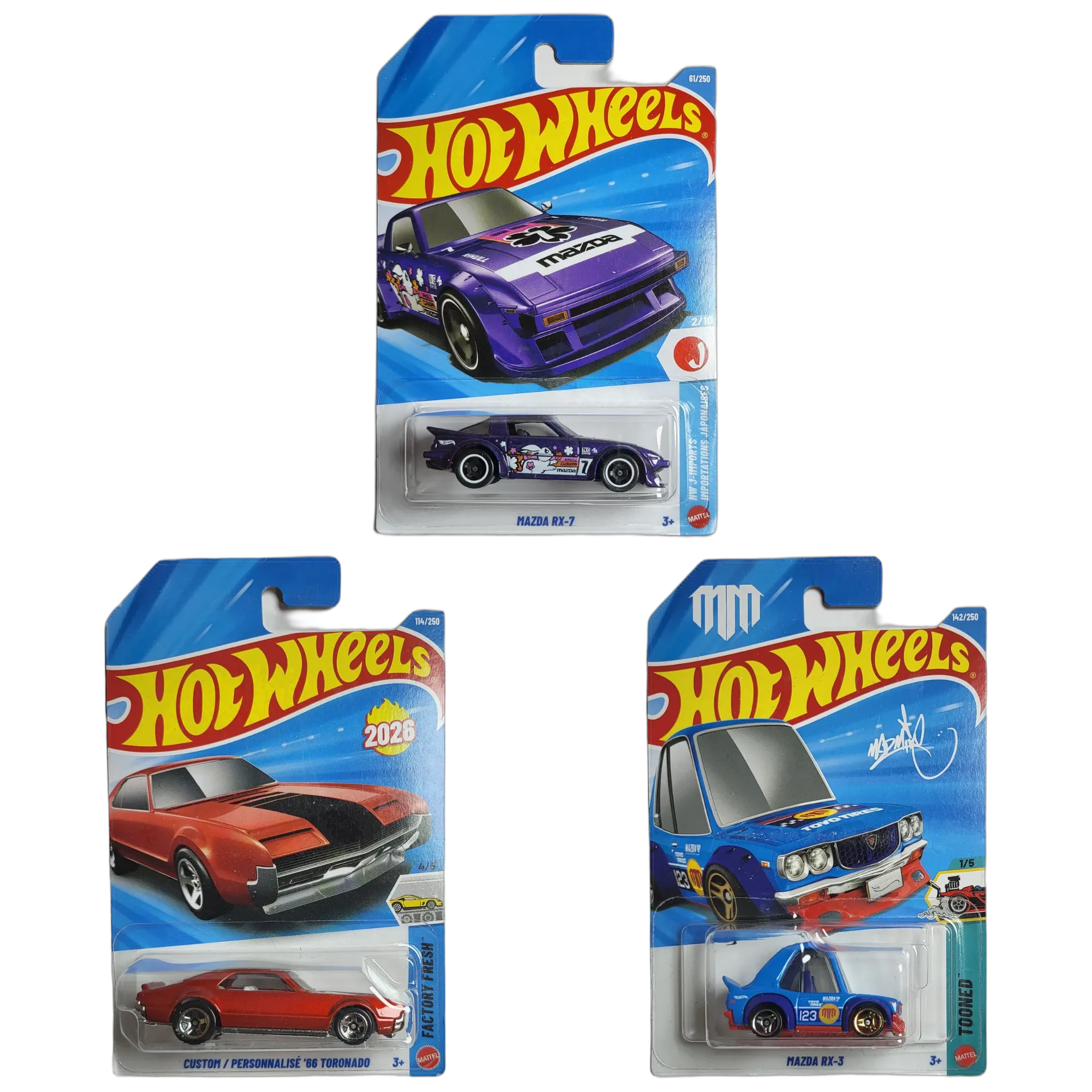 Mazda RX-7 & Custom 66 Toronado & Mazda RX-3 Tooned - Hot Wheels 1:64 Scale Diecast Car Combo
