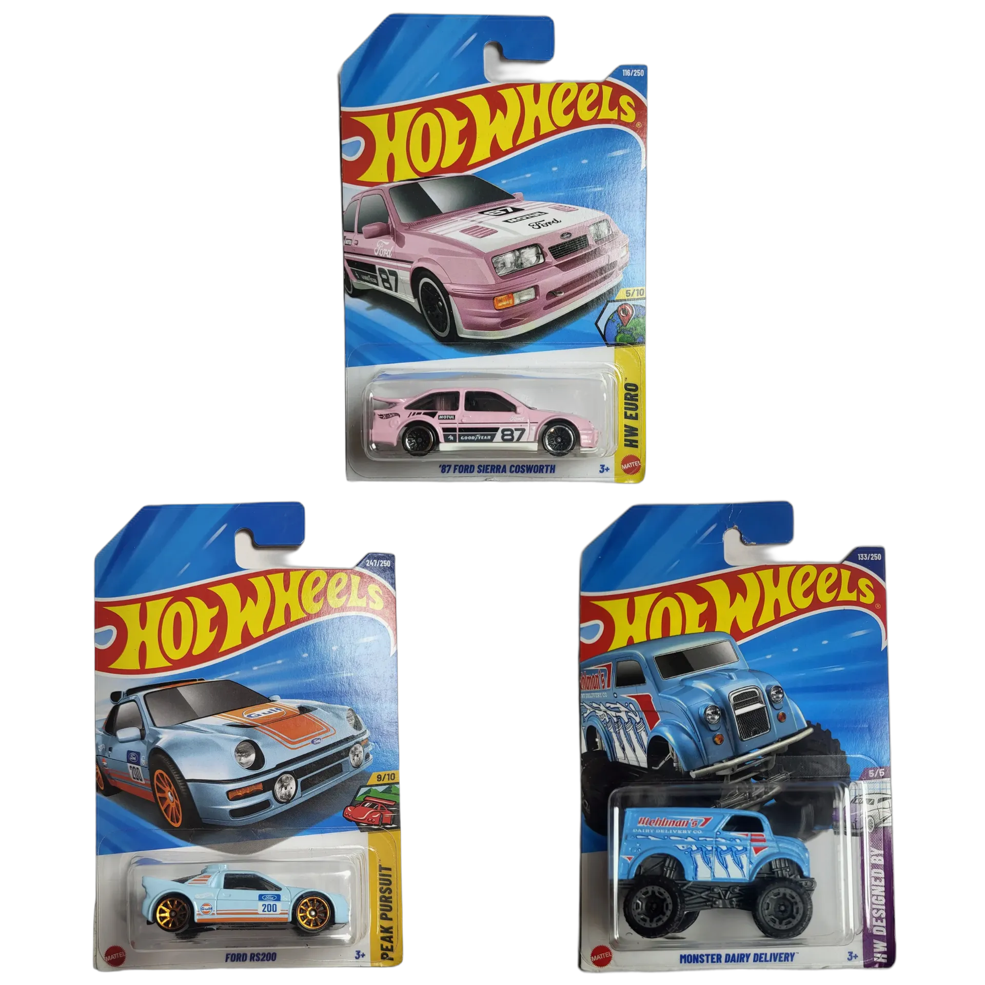 87 Ford Sierra Cosworth & Ford RS200 & Monster Dairy Delivery - Hot Wheels 1:64 Scale Diecast Car Combo