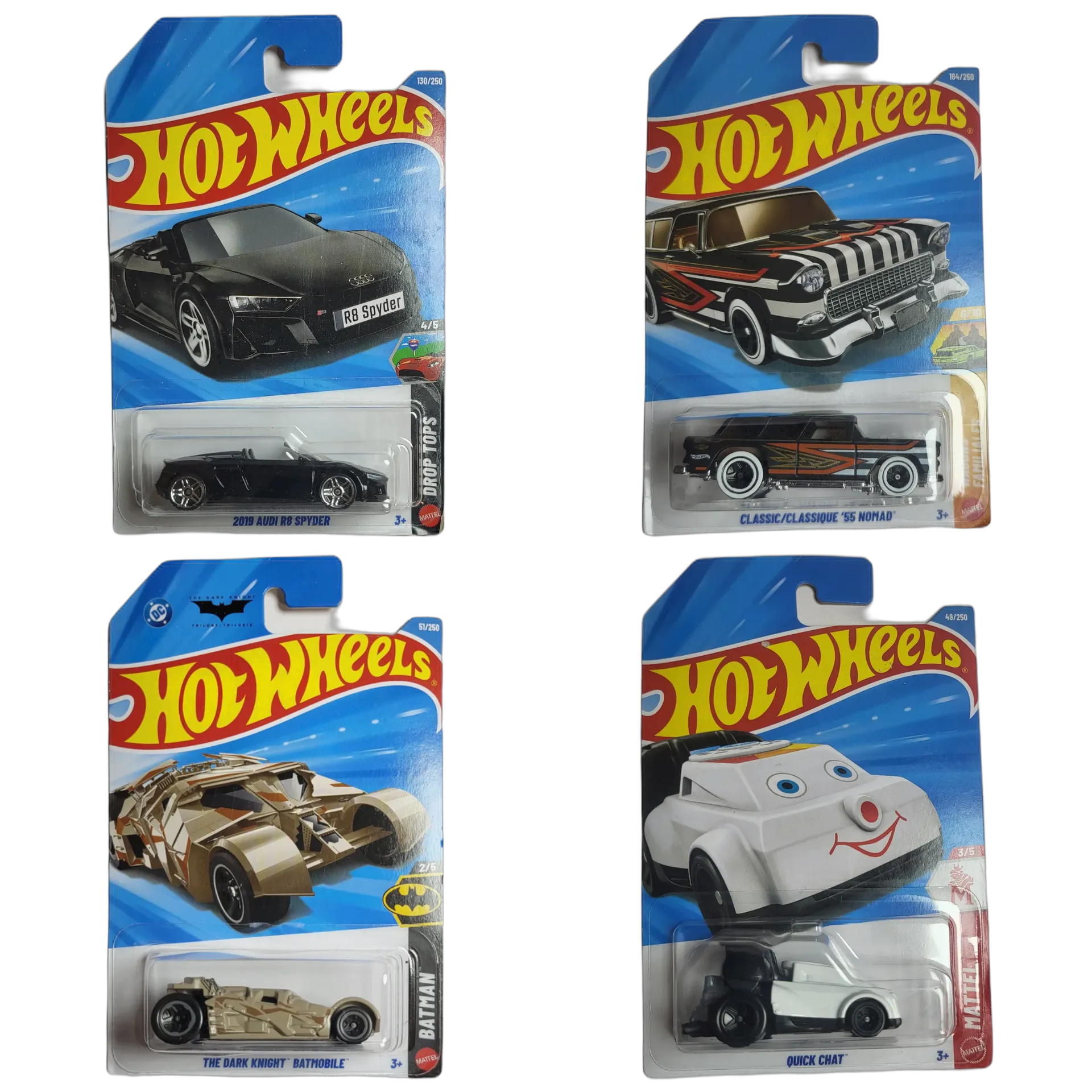 2019 Audi R8 Spyder & Classic 55 Nomad & The Dark Knight Batmobile & Quick Chat Black - Hot Wheels 1:64 Scale Diecast Car Combo