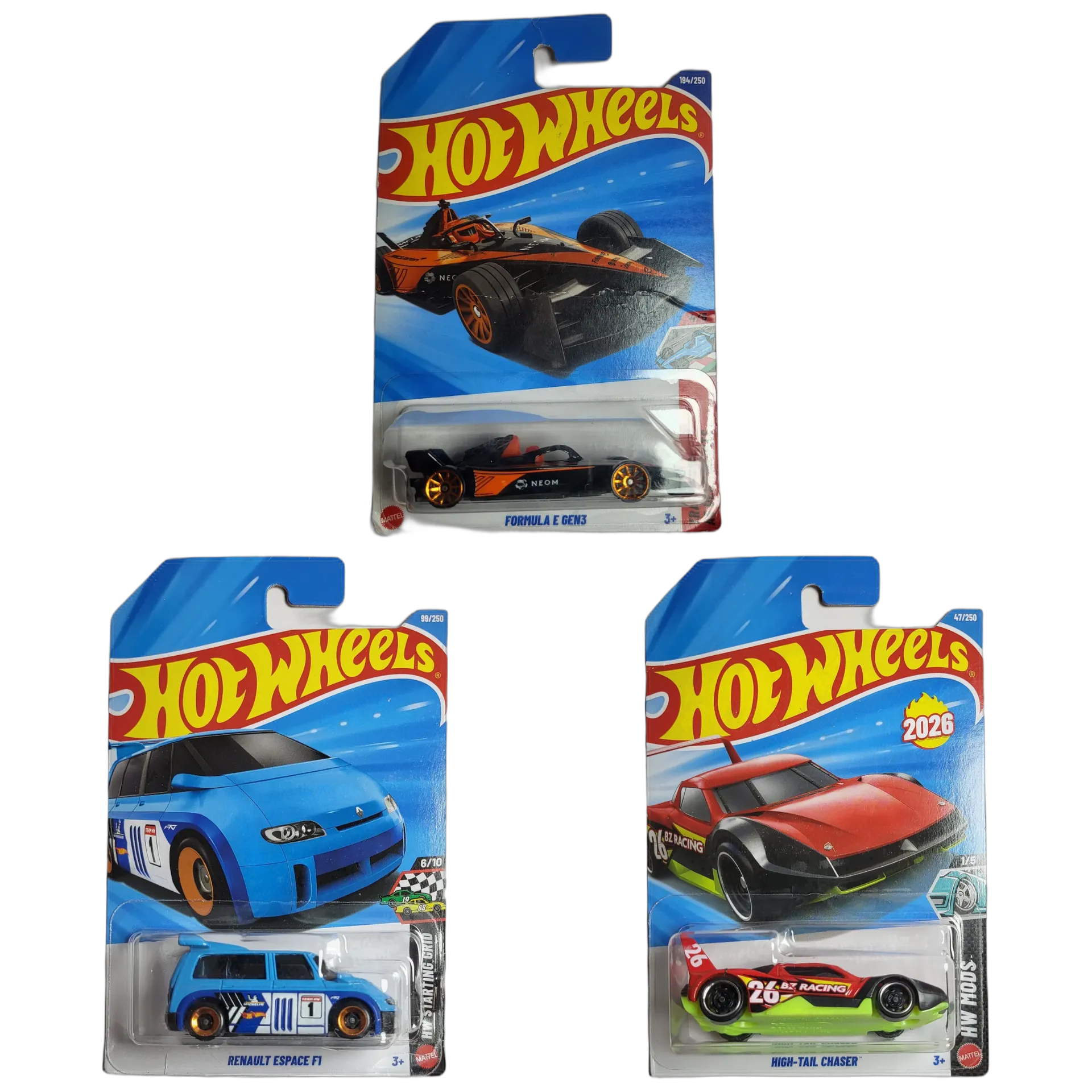 Formula E Gen3 & Renault Espace F1 & High-Tail Chaser Red - Hot Wheels 1:64 Scale Diecast Car Combo