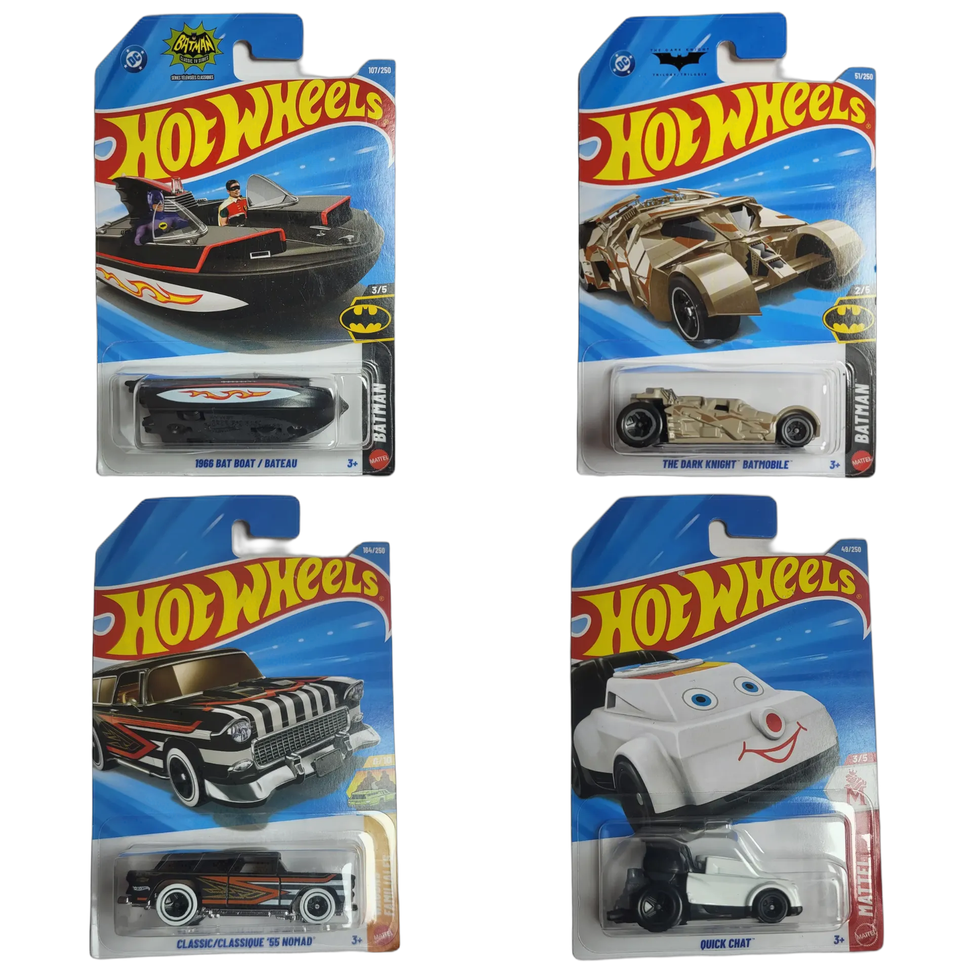 1966 Bat Boat & The Dark Knight Batmobile & Classic 55 Nomad & Quick Chat Black - Hot Wheels 1:64 Scale Diecast Car Combo