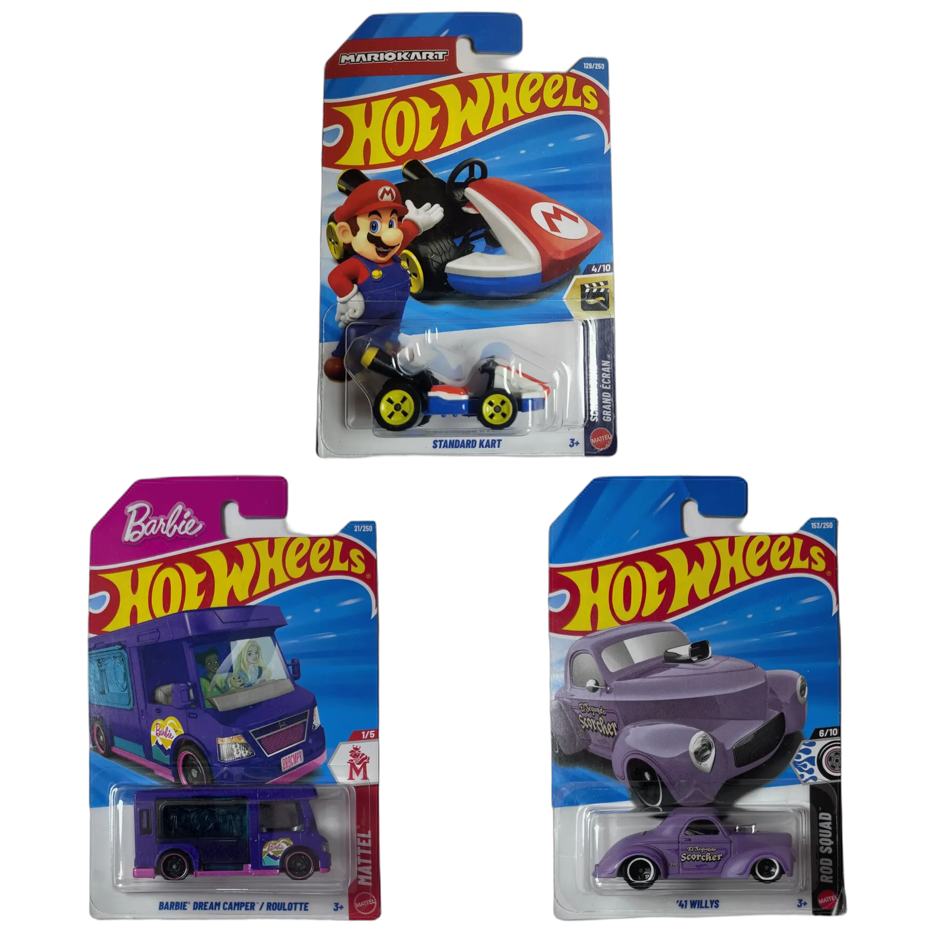 Mario Standard Kart & Barbie Dream Camper & 41 Willys - Hot Wheels 1:64 Scale Diecast Car Combo