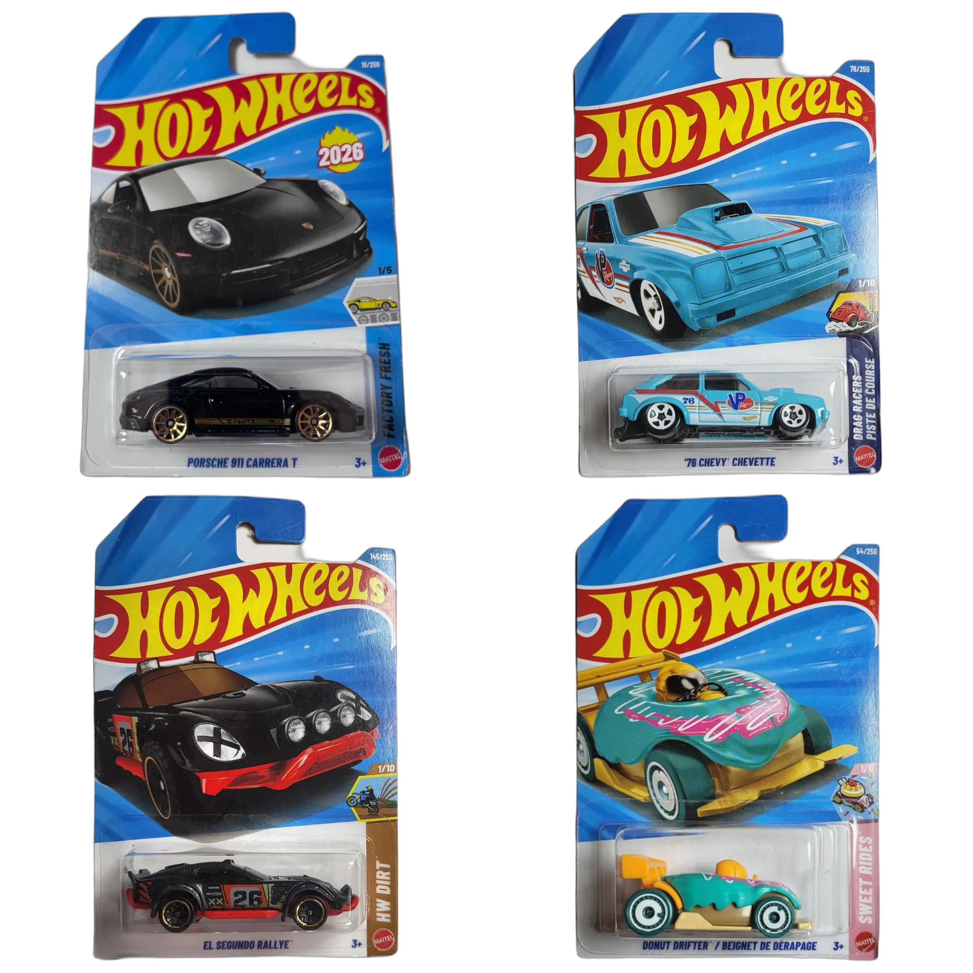 Porsche 911 Carrera T & 76 Chevy Chevette & EL Segundo Rallye & Donut Drifter - Hot Wheels 1:64 Scale Diecast Car Combo