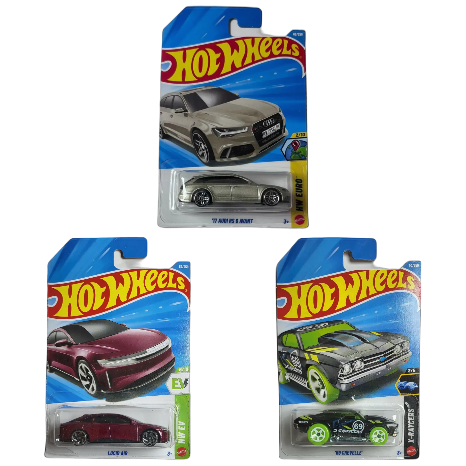 17 Audi RS 6 Avant Silver & Lucid Air & 69 Chevelle - Hot Wheels 1:64 Scale Diecast Car Combo