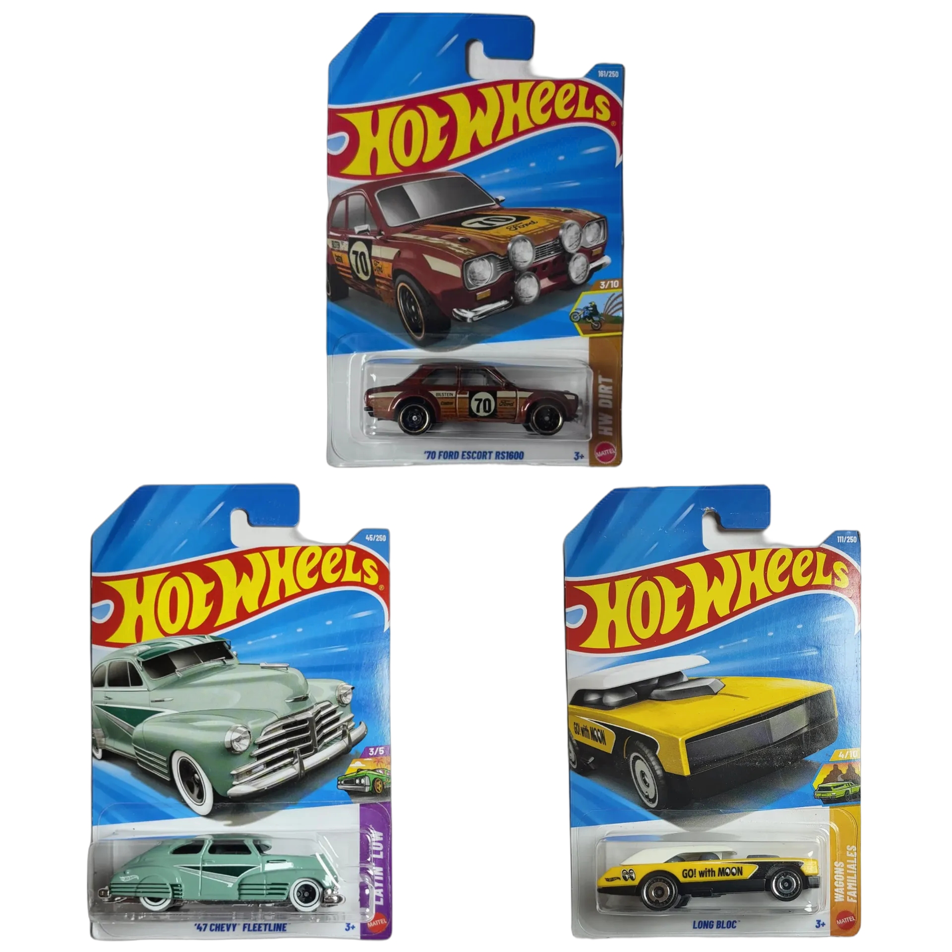 70 Ford Escort RS1600 & 47 Chevy Fleetline & Long Bloc - Hot Wheels 1:64 Scale Diecast Car Combo
