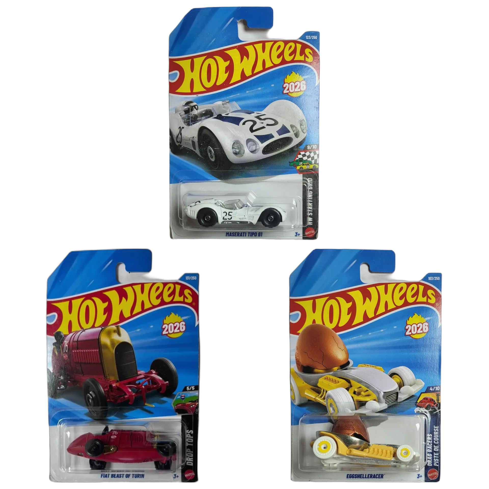 Maserati Tipo 61 & Fiat Beast Of Turin & Eggshelleracer - Hot Wheels 1:64 Scale Diecast Car Combo