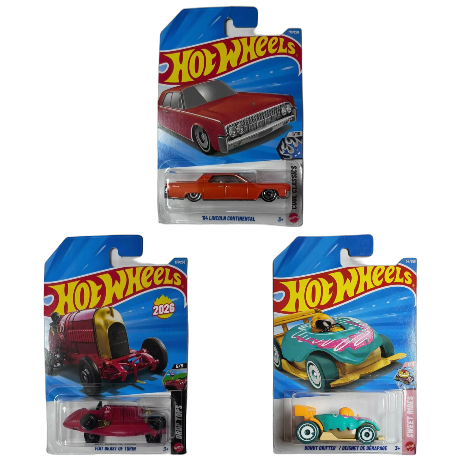 64 Lincoln Continental & Fiat Beast Of Turin & Donut Drifter - Hot Wheels 1:64 Scale Diecast Car Combo
