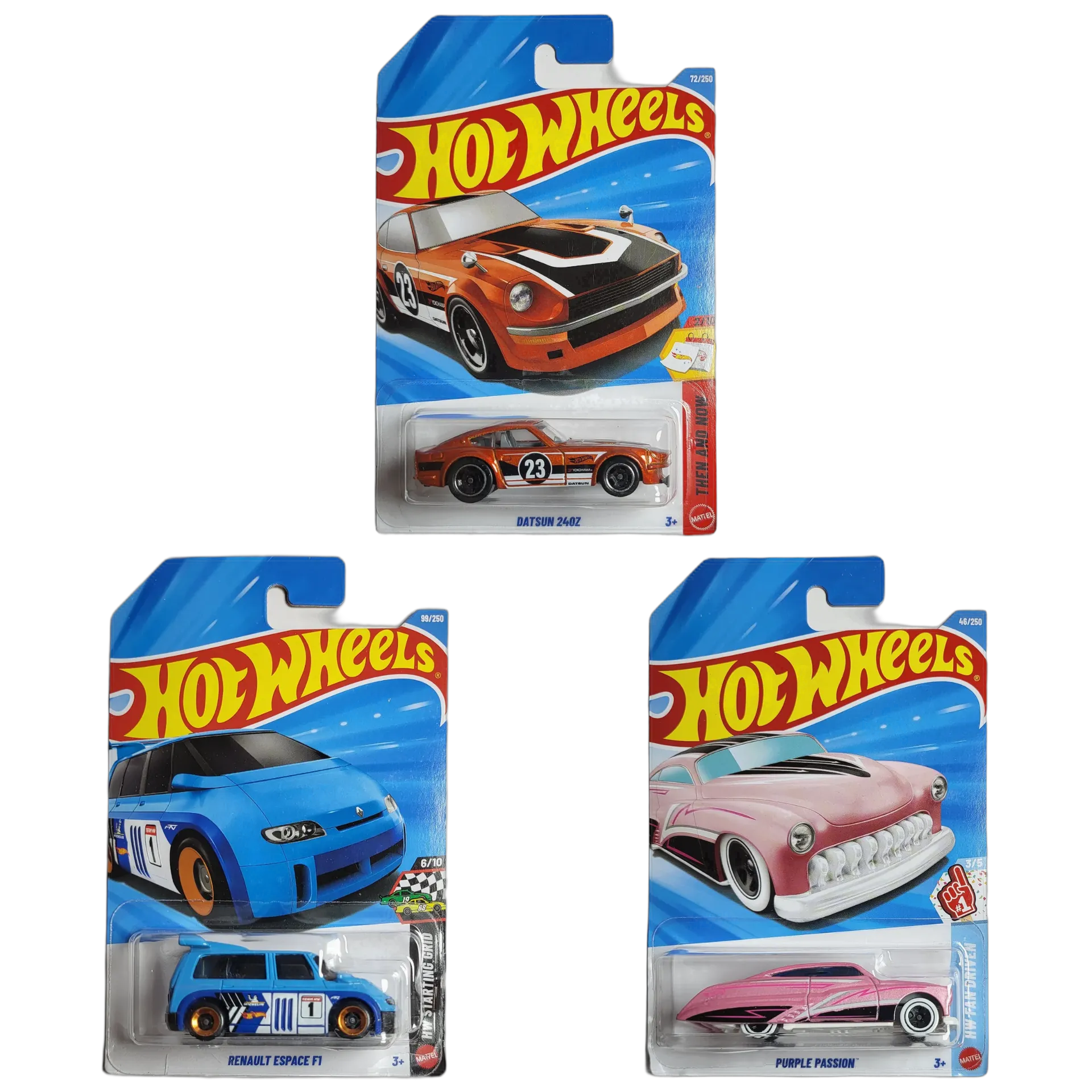 Hot Wheels Datsun 240Z & Renault Espace F1 & Purple Passion - 1:64 Scale Diecast Car