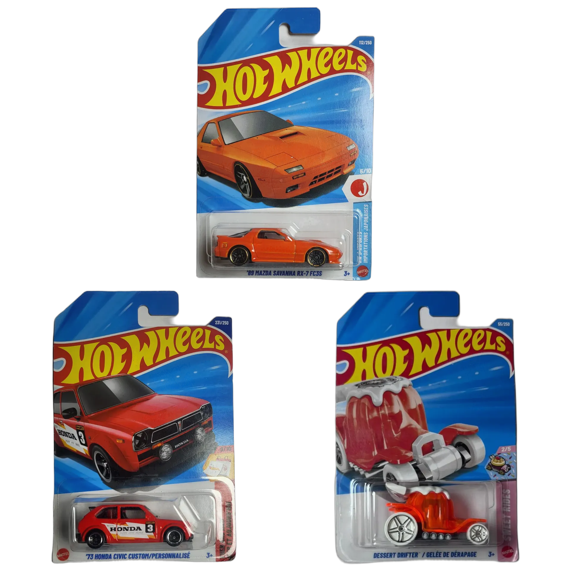 89 Mazda Savanna RX-7 FC3S & 73 Honda Civic Custom & Dessert Drifter Orange - Hot Wheels 1:64 Scale Diecast Car Combo