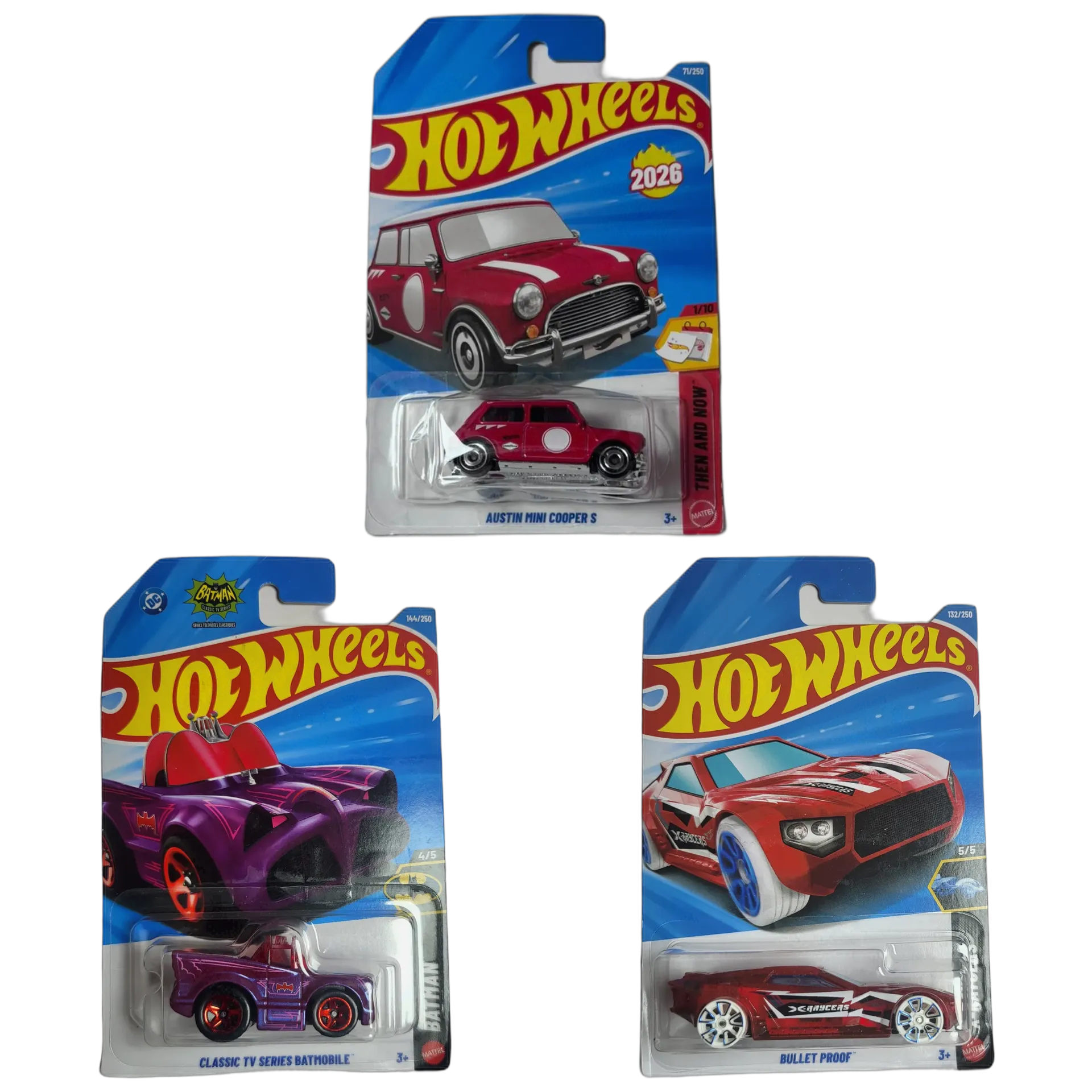 Austin Mini Cooper S Red & Classic TV Series Batmobile & Bullet Proof - Hot Wheels 1:64 Scale Diecast Car Combo
