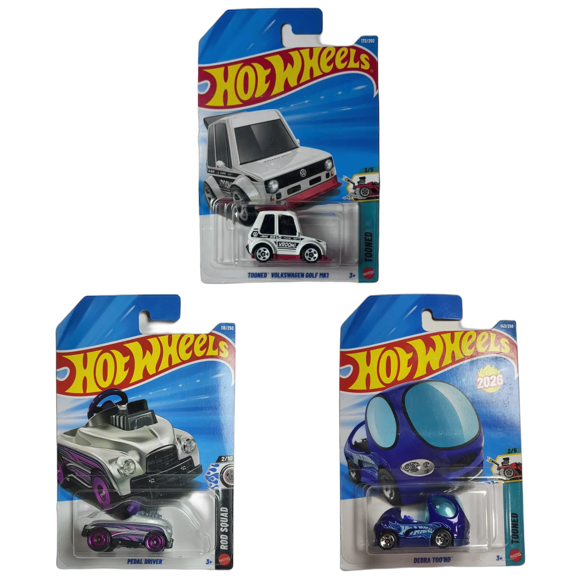 Tooned Volkswagen Golf MK1 & Pedal Driver & Deora Toond - Hot Wheels 164 Scale Diecast Car Combo