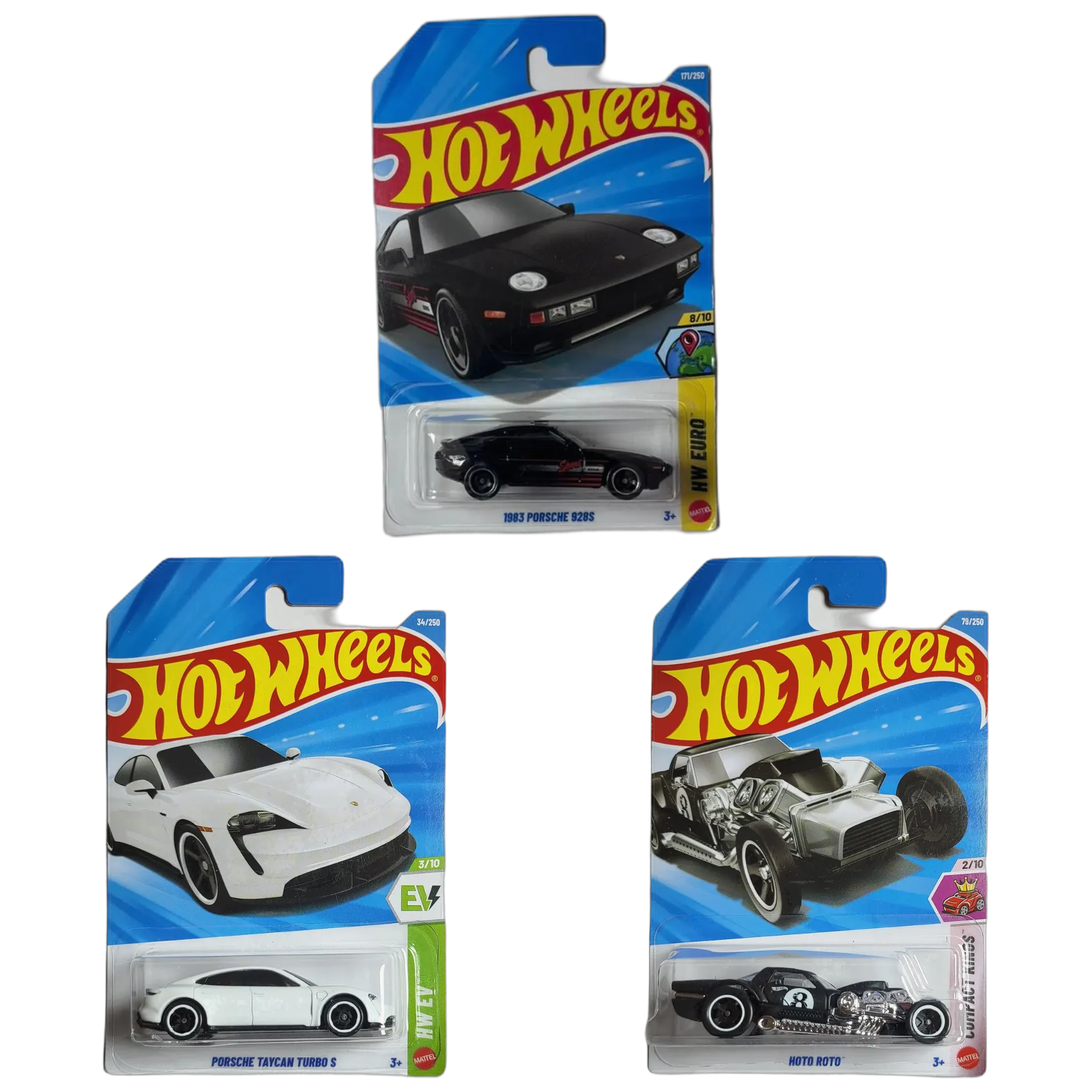 1983 Porsche 928S & Porsche Taycan Turbo S & Hoto Roto - Hot Wheels 1:64 Scale Diecast Car Combo