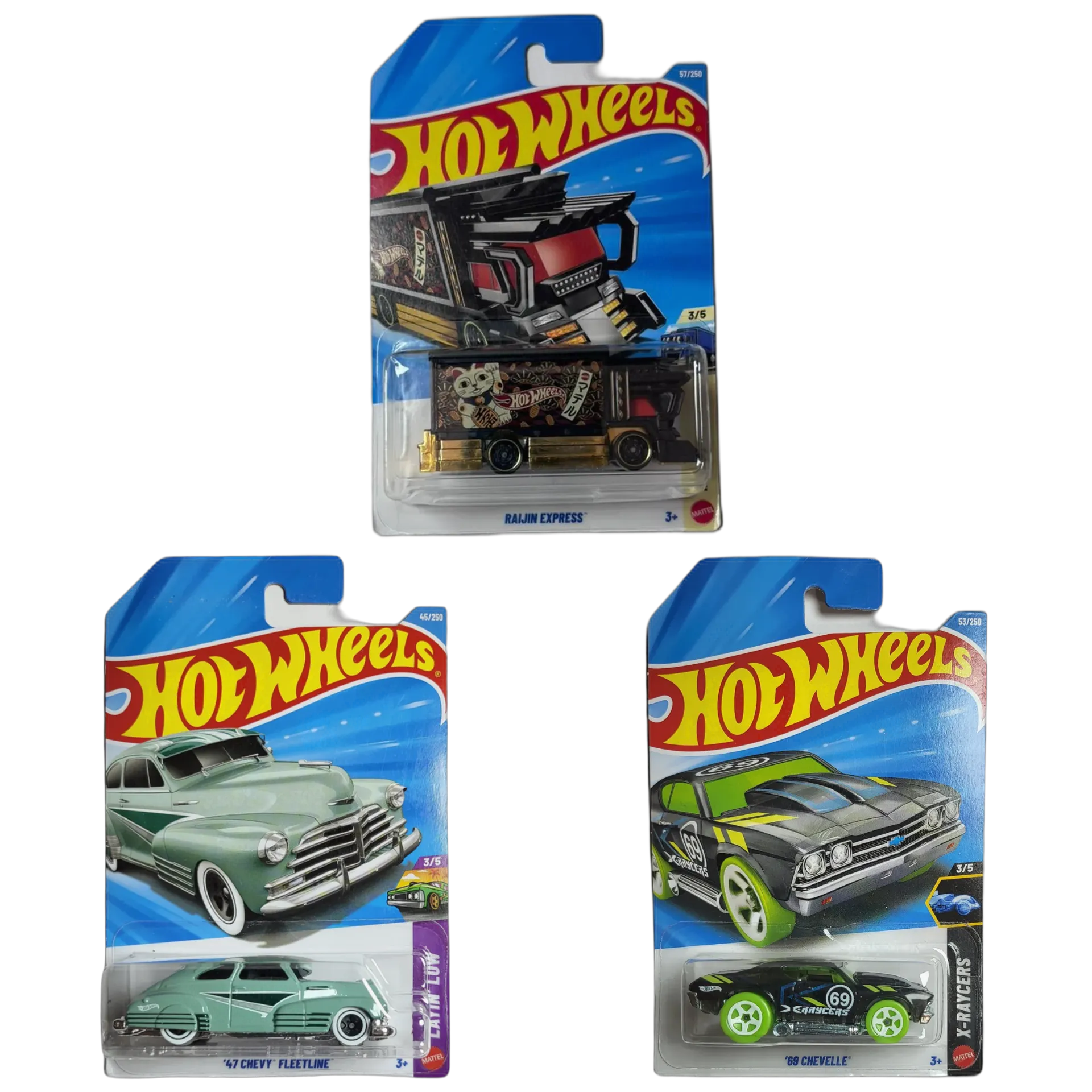 Raijin Express & 47 Chevy Fleetline & 69 Chevelle - Hot Wheels 1:64 Scale Diecast Car Combo