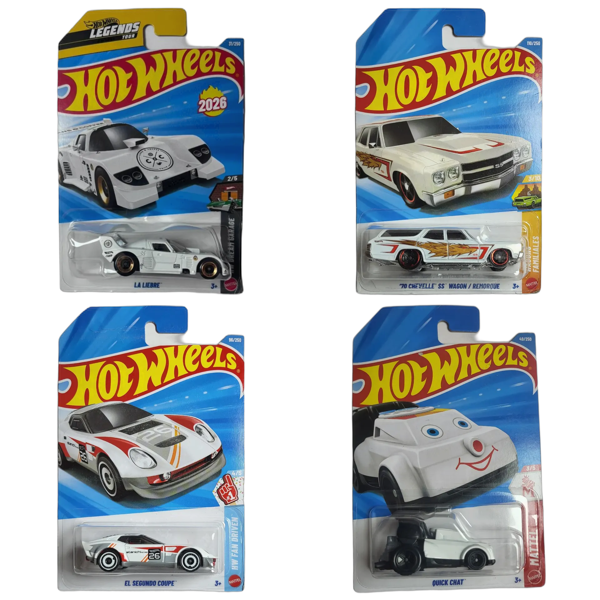 LA Liebre White & 70 Chevelle SS Wagon & El Segundo Coupe & Quick Chat Black - Hot Wheels 1:64 Scale Diecast Car Combo
