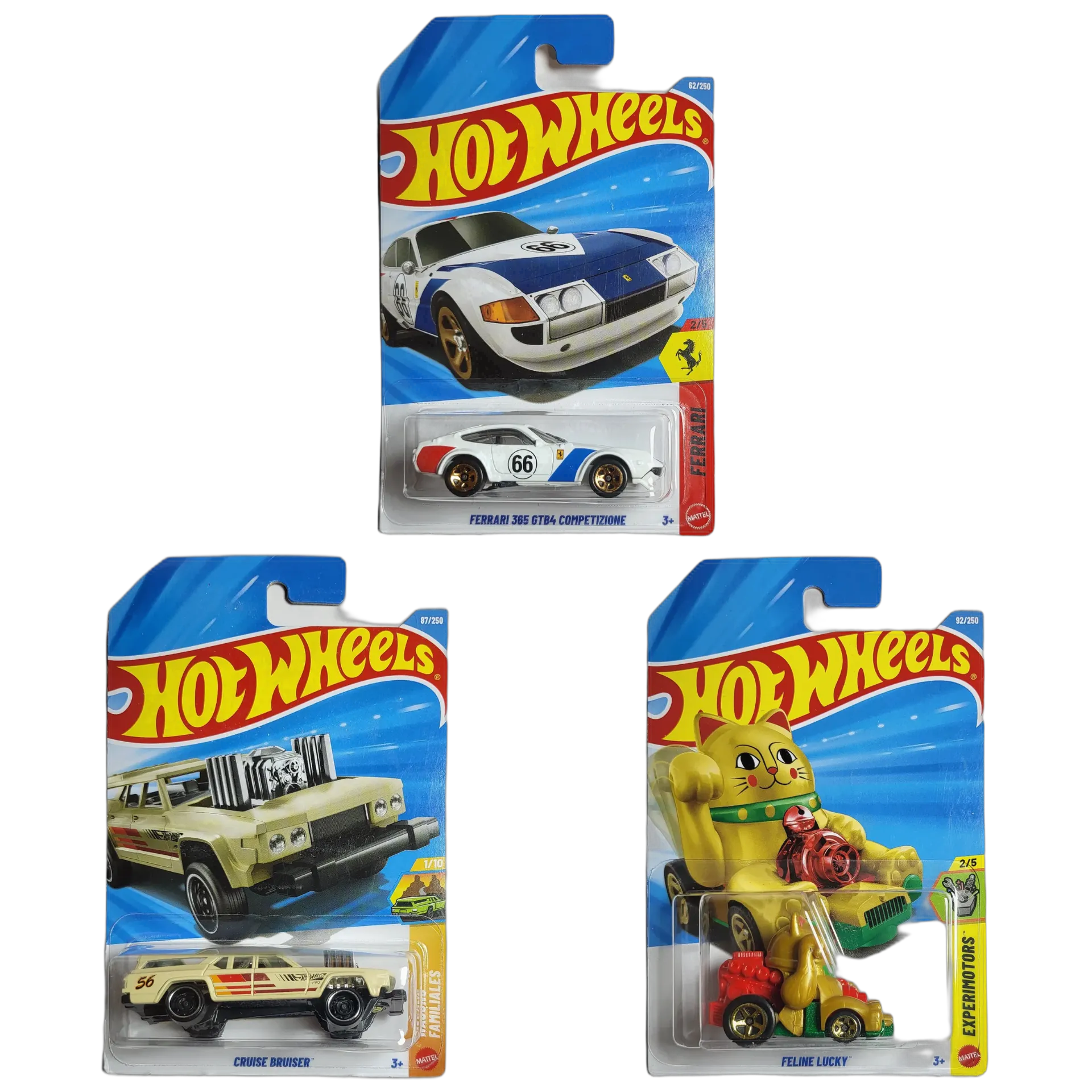 Hot Wheels Ferrari 365 GTB4 Competizione & Cruise Bruiser & Feline Lucky