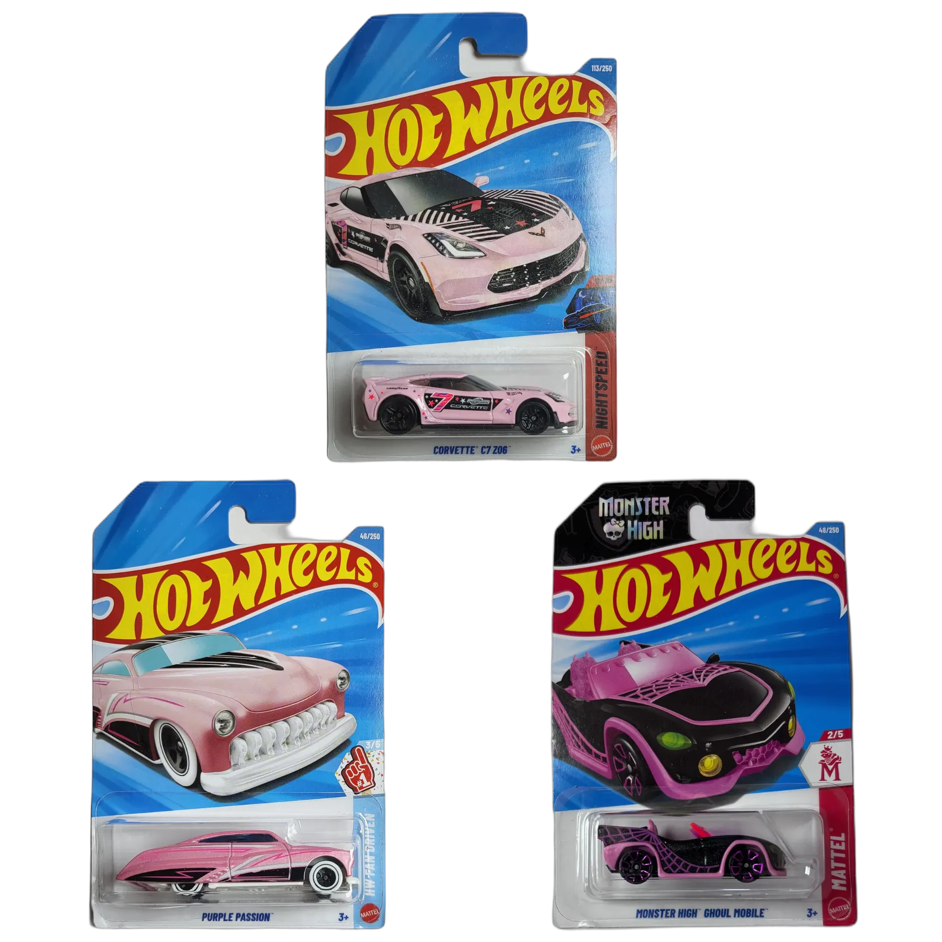 Corvette C7 Z06 & Purple Passion & Monster High Ghoul Mobile Black - Hot Wheels 1:64 Scale Diecast Car Combo