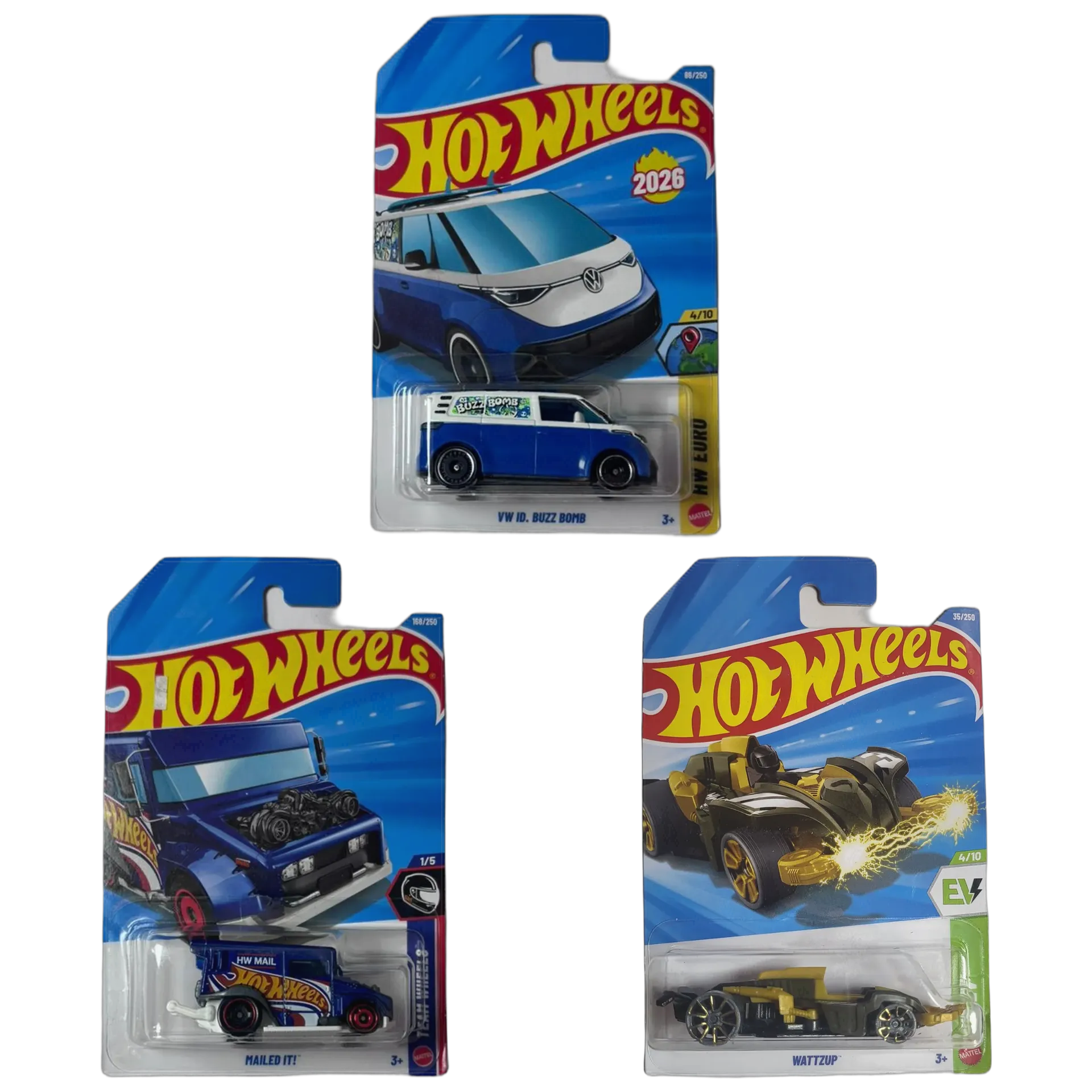 VW ID. Buzz Bomb Blue & Mailed It & Wattzup Brown - Hot Wheels 1:64 Scale Diecast Car Combo