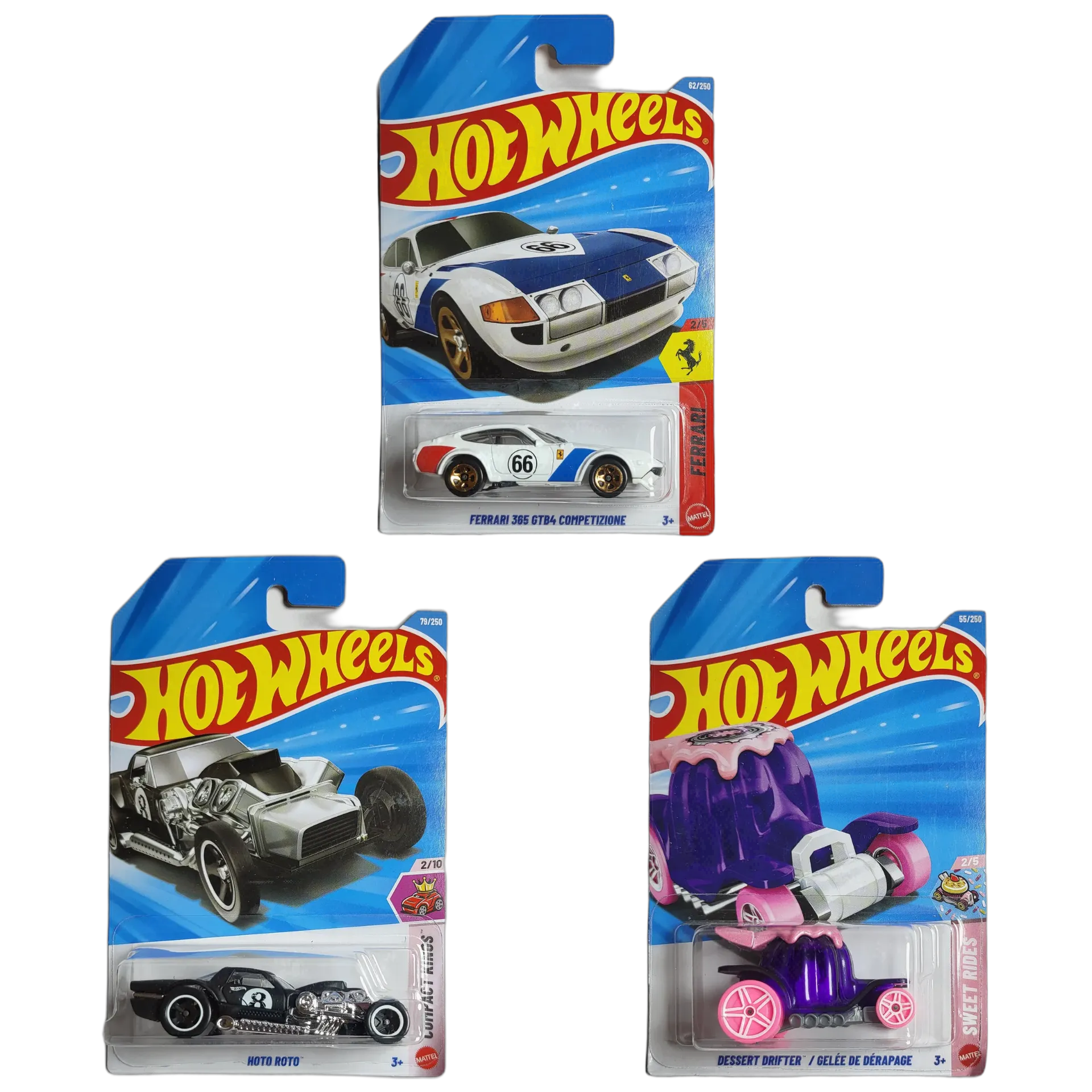 Hot Wheels Ferrari 365 GTB4 Competizione & Hoto Roto & Dessert Drifter - 1:64 Scale Diecast Car