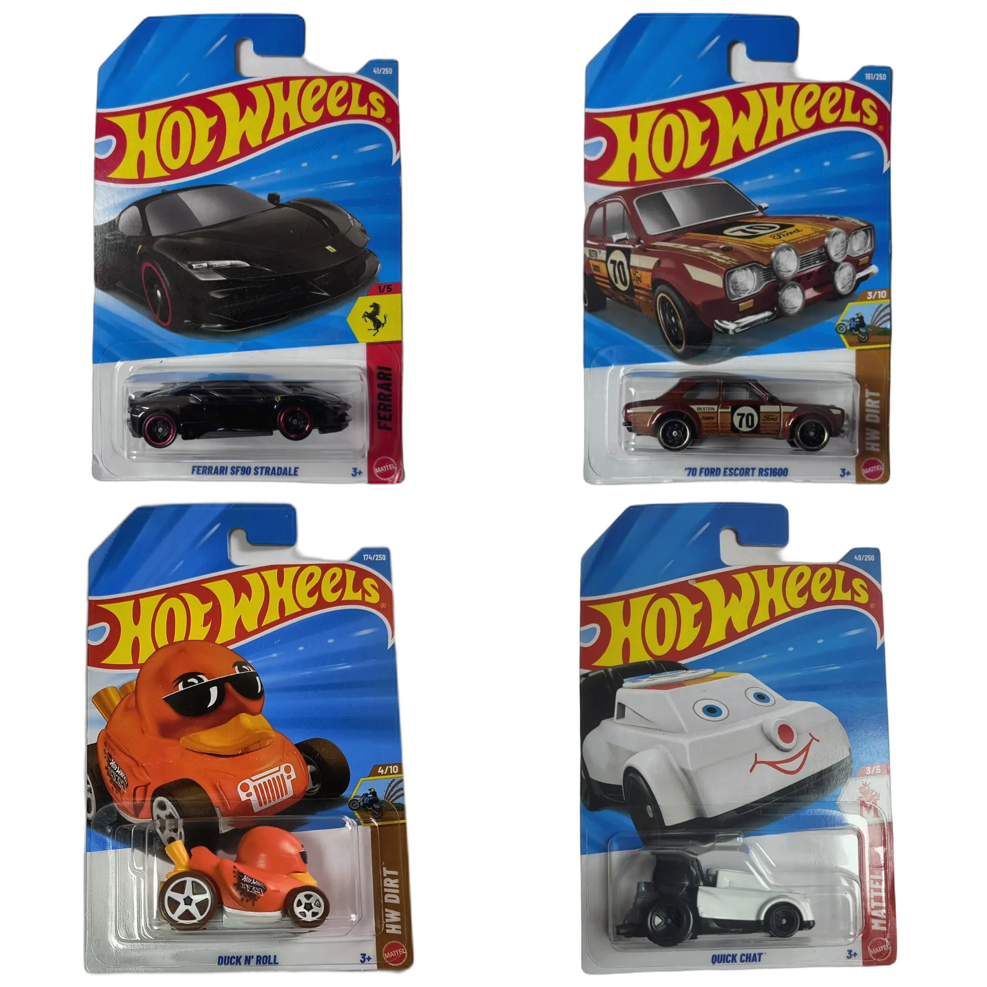 Ferrari SF90 Stradale Black & 70 Ford Escort RS1600 & Duck N' Roll & Quick Chat Black - Hot Wheels 1:64 Scale Diecast Car Combo