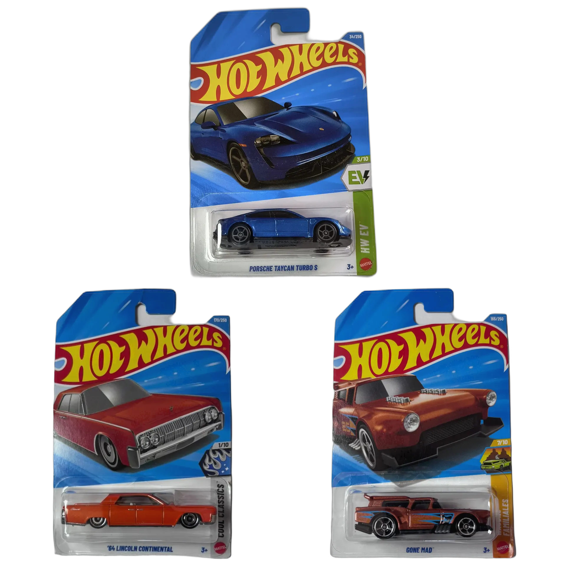 Porsche Taycan Turbo S Blue & 64 Lincoln Continental & Gone Mad - Hot Wheels 1:64 Scale Diecast Car Combo