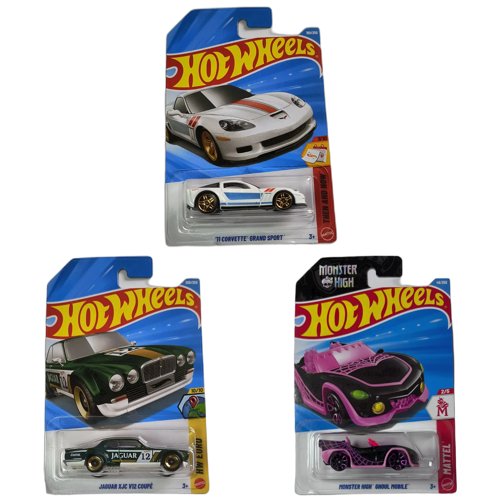 11 Corvette Grand Sport & Jaguar XJC V12 Coupe Green & Monster High Ghoul Mobile Black - Hot Wheels 1:64 Scale Diecast Car Combo