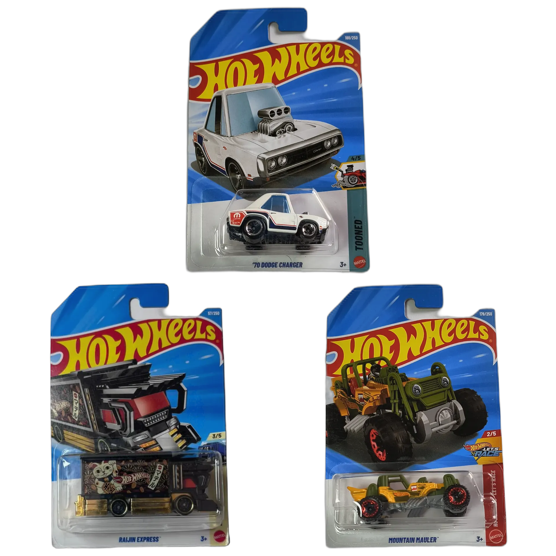 70 Dodge Charger Tooned & Raijin Express & Mountain Mauler - Hot Wheels 1:64 Scale Diecast Car Combo