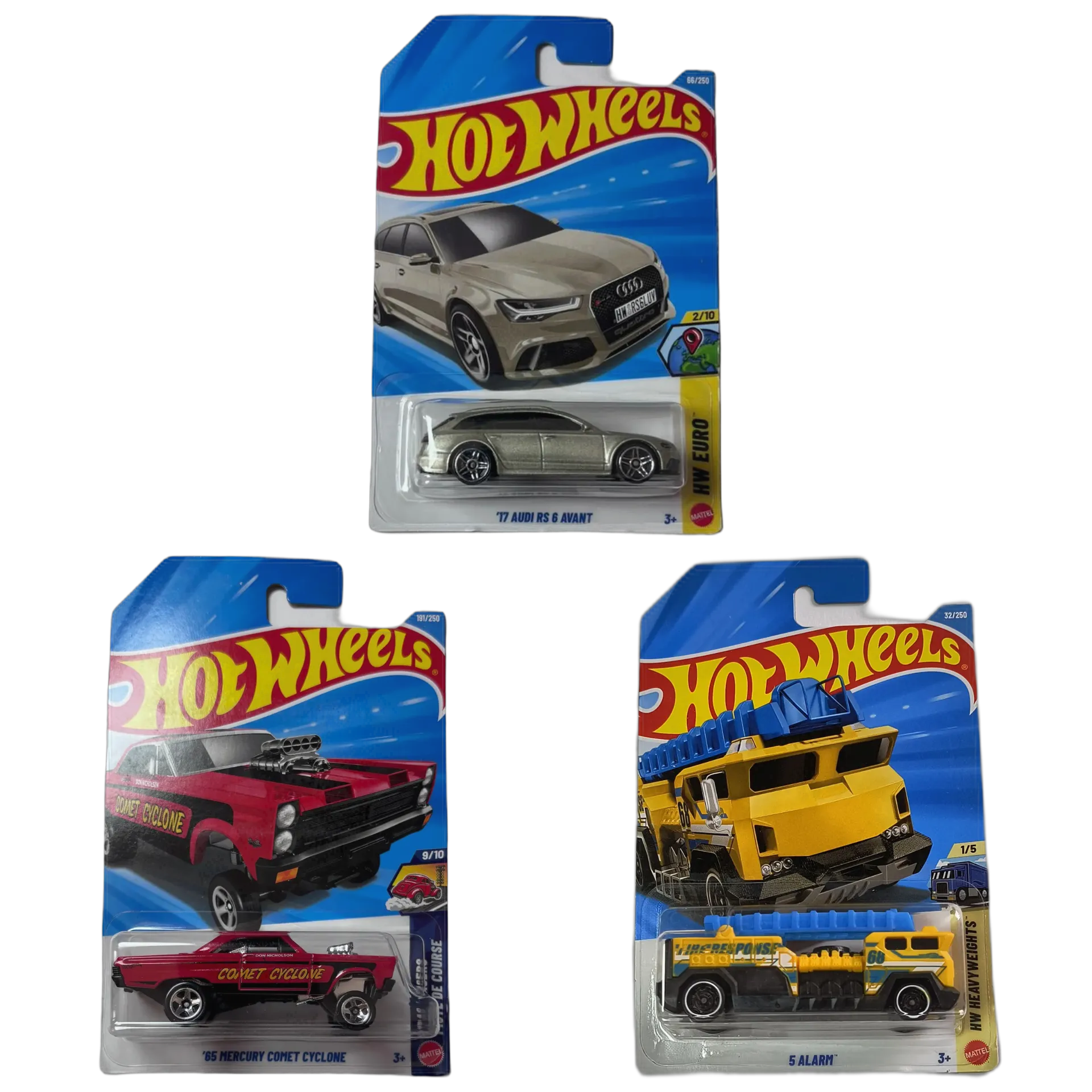 17 Audi RS 6 Avant Silver & 65 Mercury Comet Cyclone & 5 Alarm Yellow - Hot Wheels 1:64 Scale Diecast Car Combo