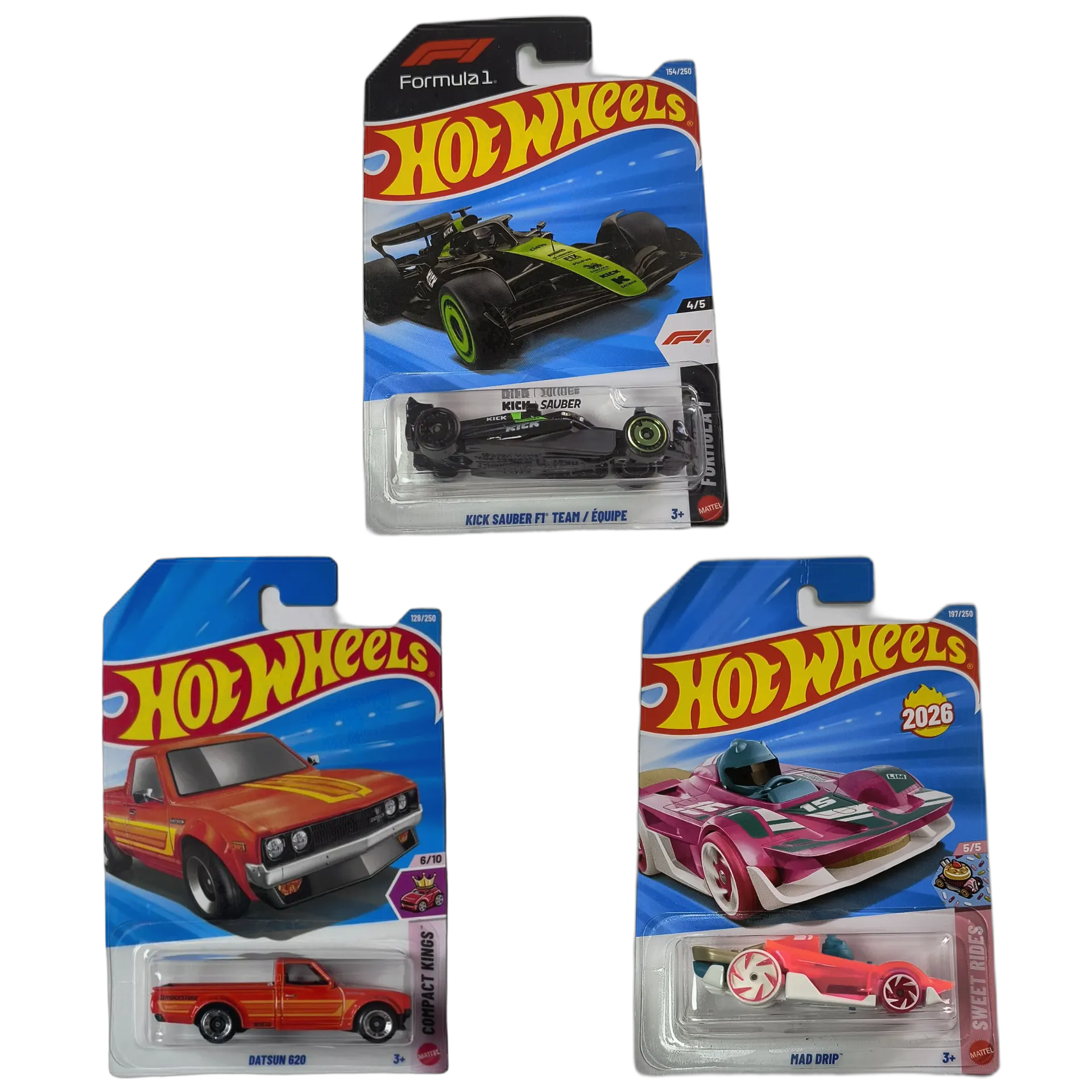 Formula 1 Kick Sauber F1 Team & Datsun 620 & Mad Drip - Hot Wheels 164 Scale Diecast Car Combo