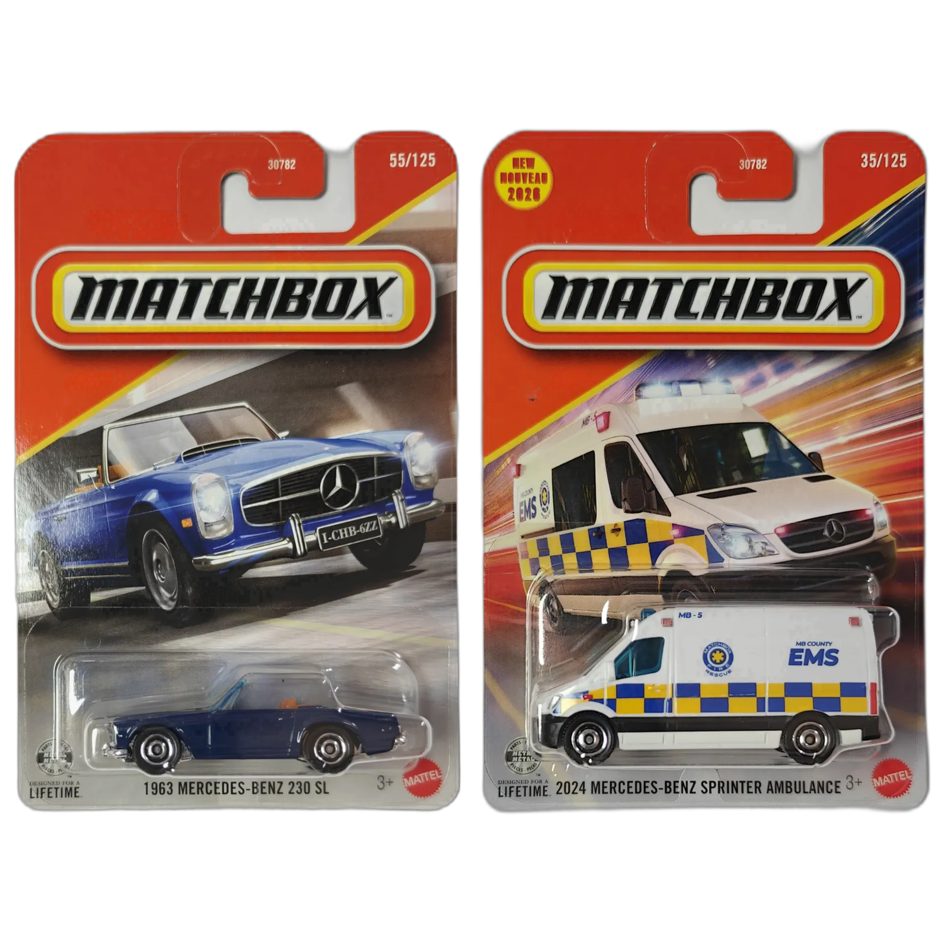 1963 Mercedes-Benz 230 SL & 2024 Mercedes-Benz Sprinter Ambulance - Matchbox 1:64 Scale Diecast Car Combo