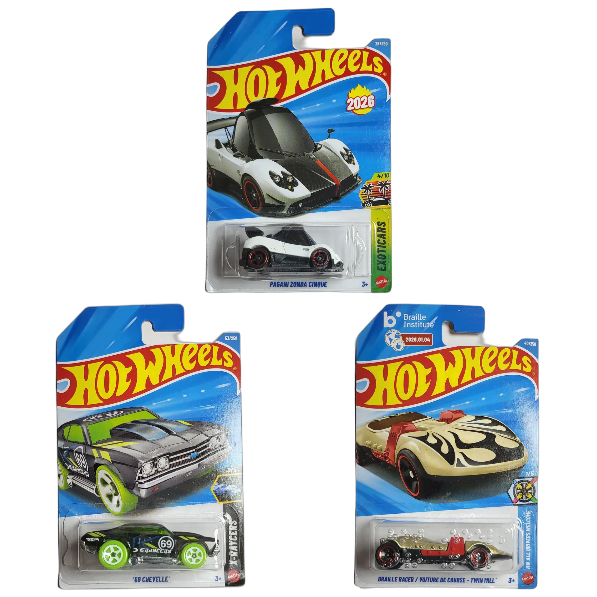 Hot Wheels Pagani Zonda Cinque & 69 Chevelle & Braille Racer - Twin Mill