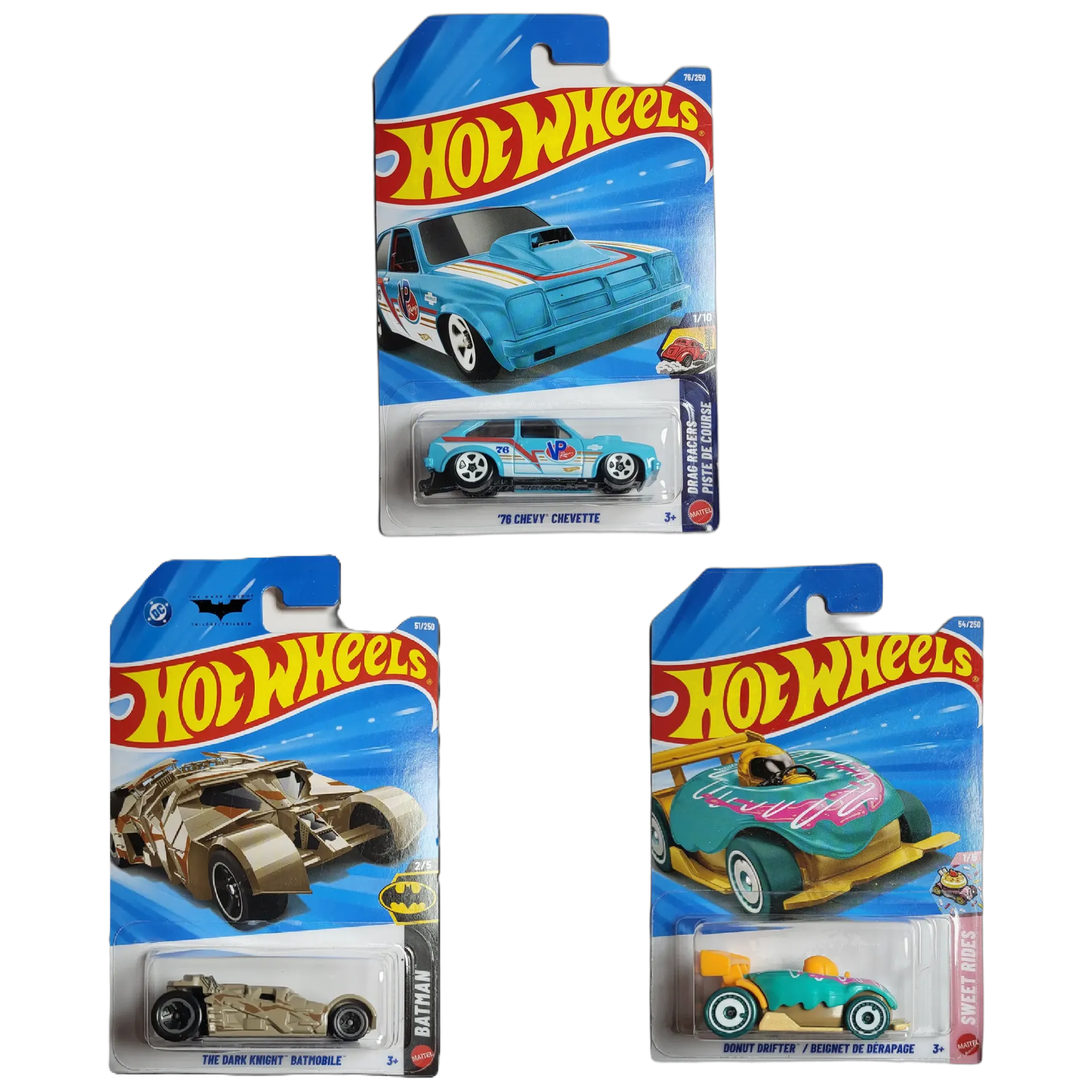 Hot Wheels 76 Chevy Chevette & The Dark Knight Batmobile & Donut Drifter - 1:64 Scale Diecast Car